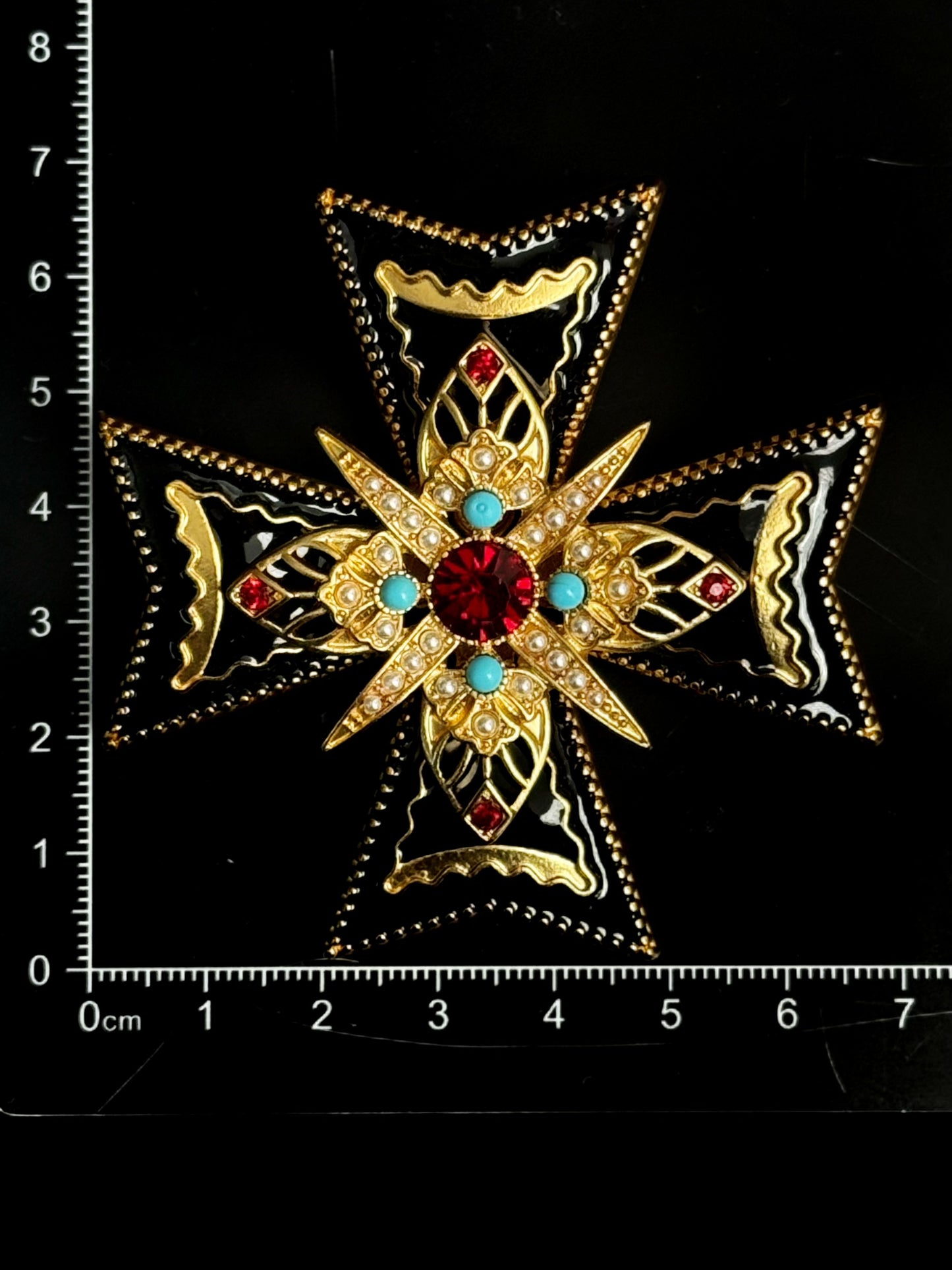 Vintage Gothic Heavy Duty Gold Plated Copper Cross Brooch with Black Enamel - Bold Black & Gold Statement Pin