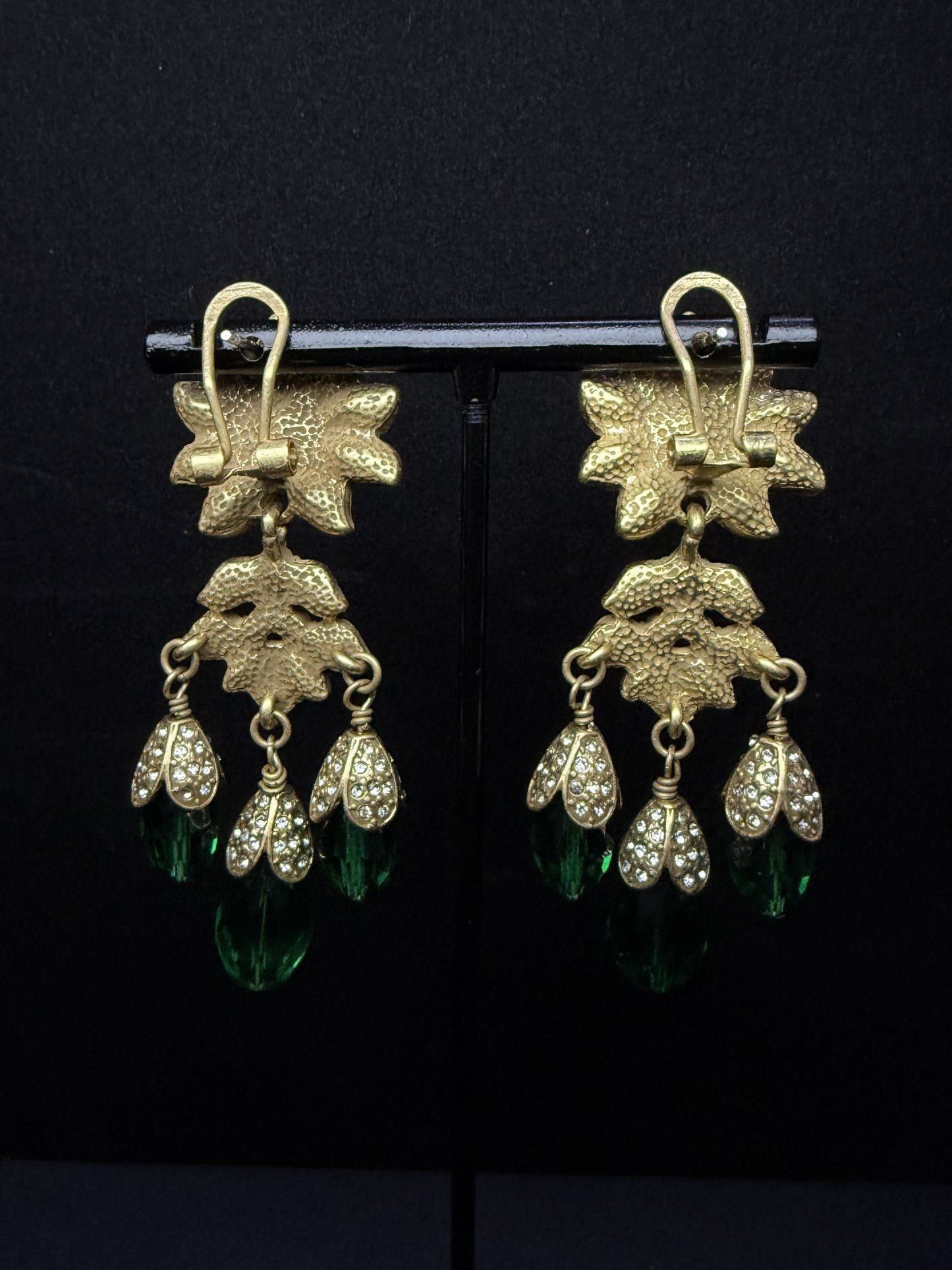 Retro Heavy Craftsmanship Palace-Style Copper-Plated Gold Full Green Crystal Tassel Earrings