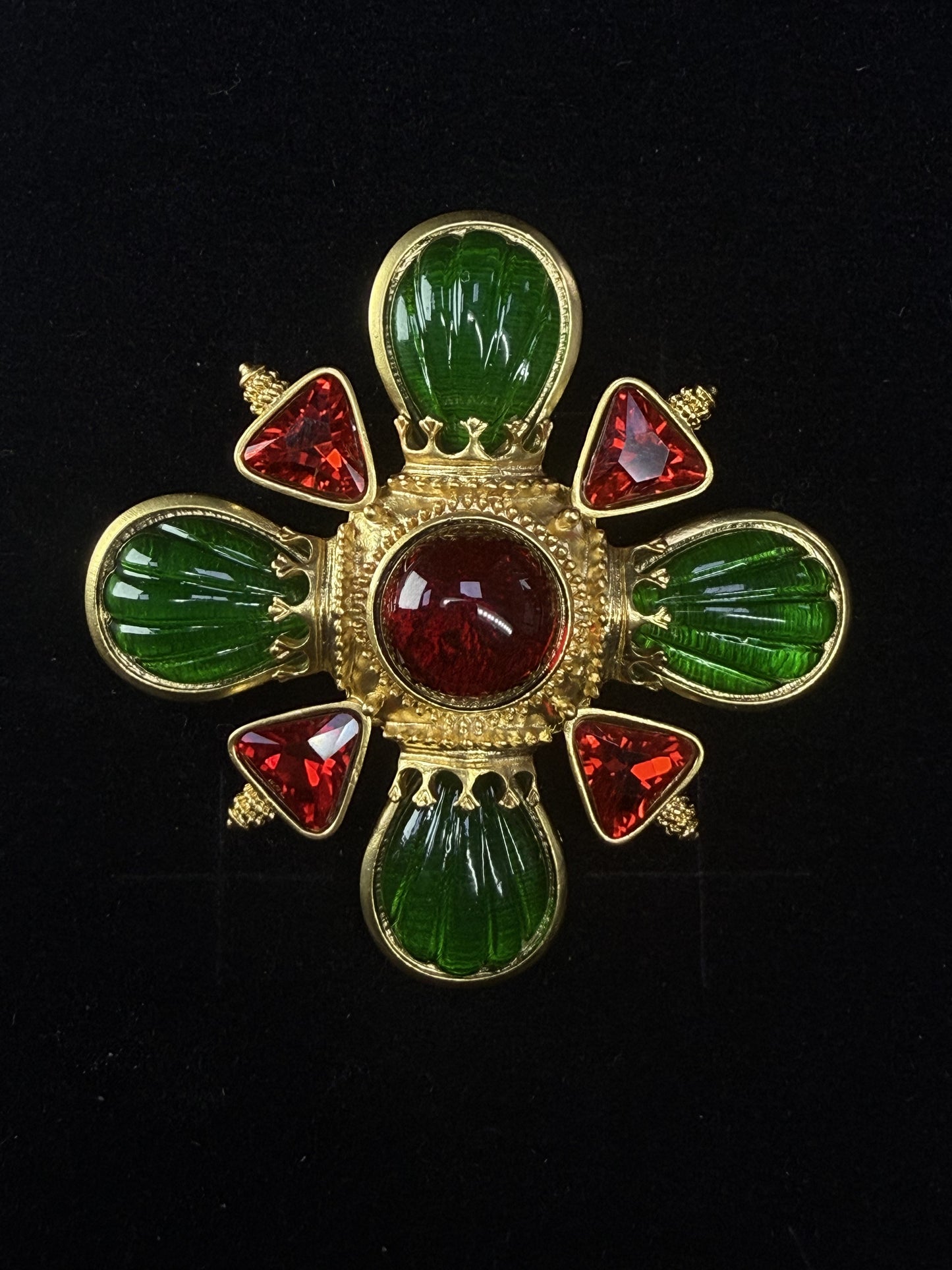 Vintage Heavy Craft French Court-Style Brass Gold-Plated Cross Emblem Brooch with Red and Green Glass Inlay
