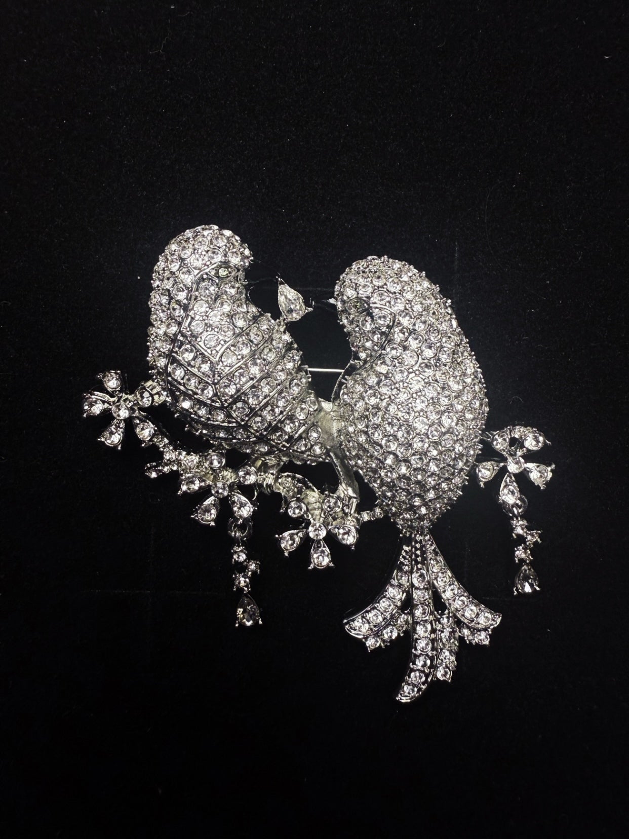 Vintage Classic Gold-Plated Brass Czeck Crystal Inlaid Couple Bird Brooch