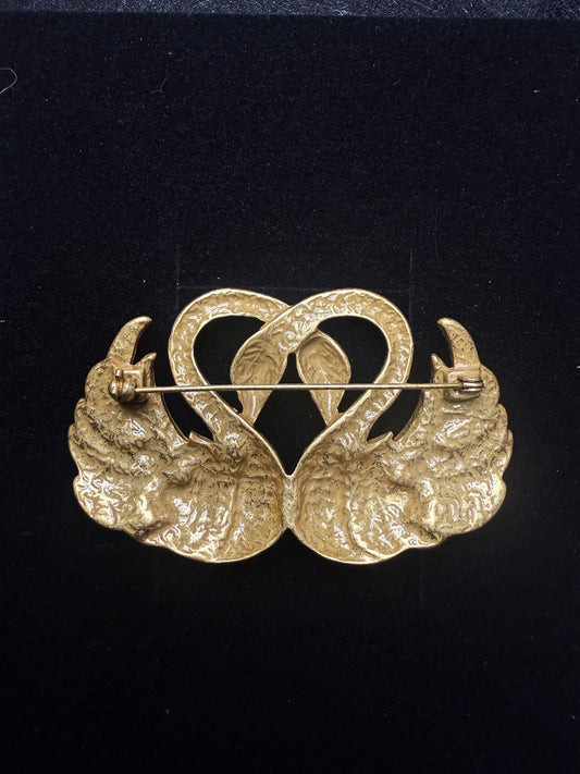 Antique Heavy Craft Gold-Plated Brass Brooch with Czech Crystals and Black Enamel - Twin Swans Design