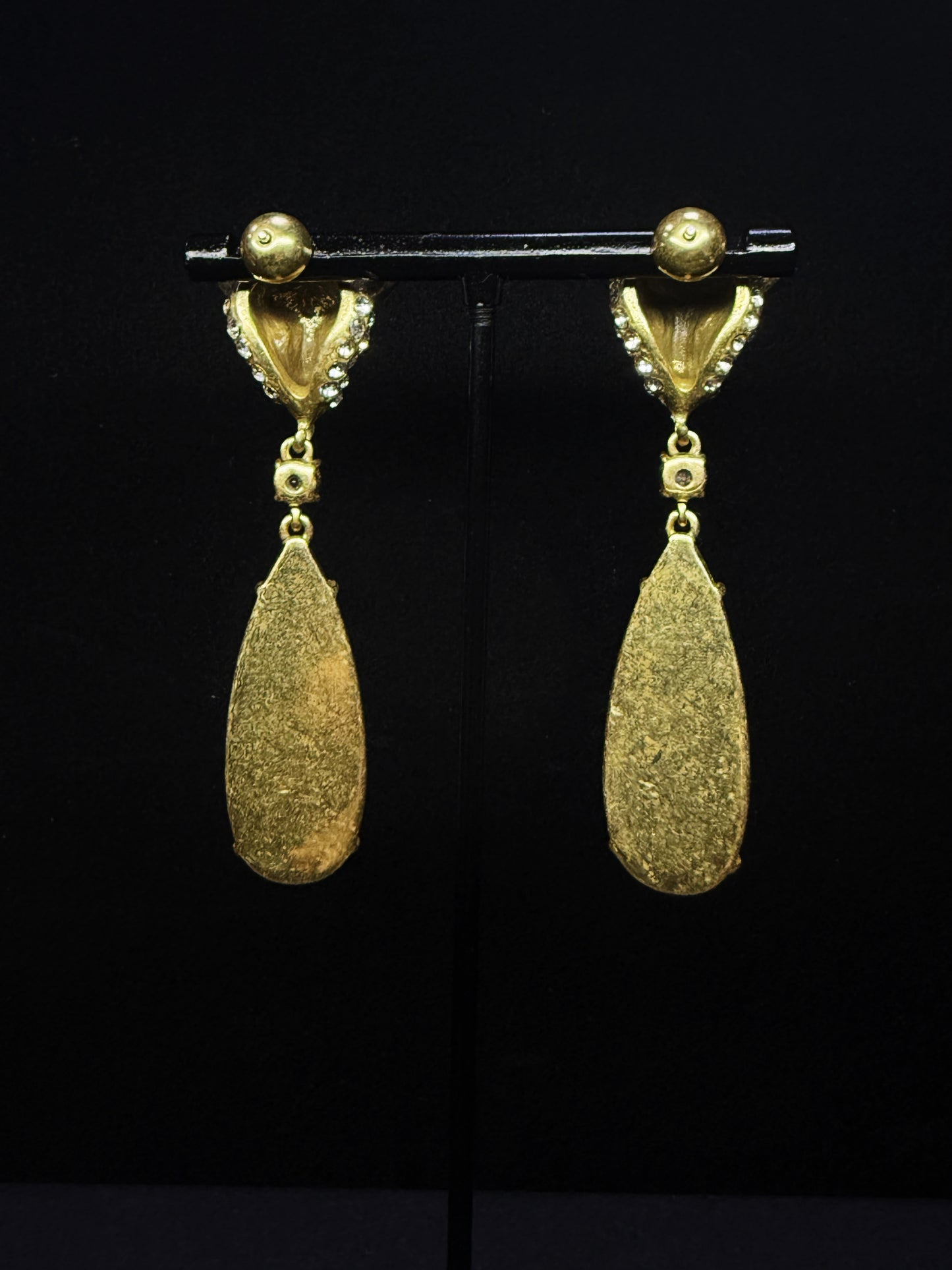 Vintage French-Inspired Heavy-Duty Copper Gold-Plated Rhinestone Pendant Stud Earrings
