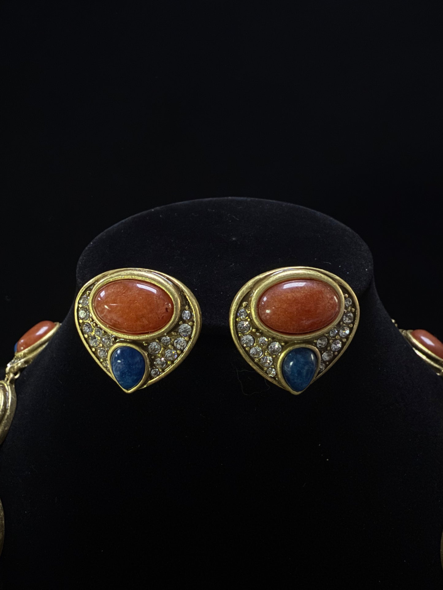 Luxury Vintage Heavy Craft Gold-Plated Copper Red & Blue Agate Inlaid Heart Stud Earrings & Necklace Set