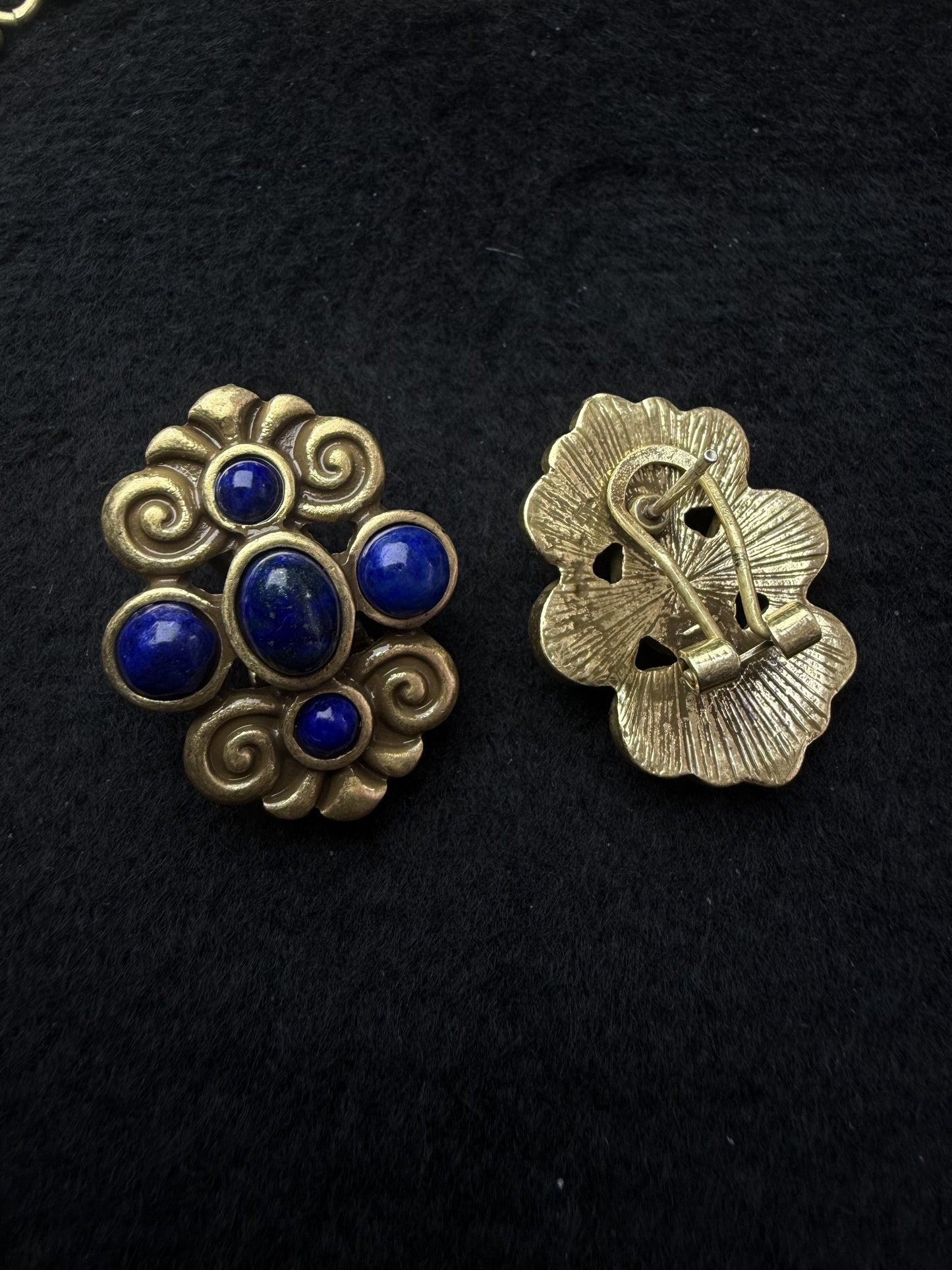Vintage 18K Gold Plated Copper Lapis Lazuli Floral Earrings & Necklace Set