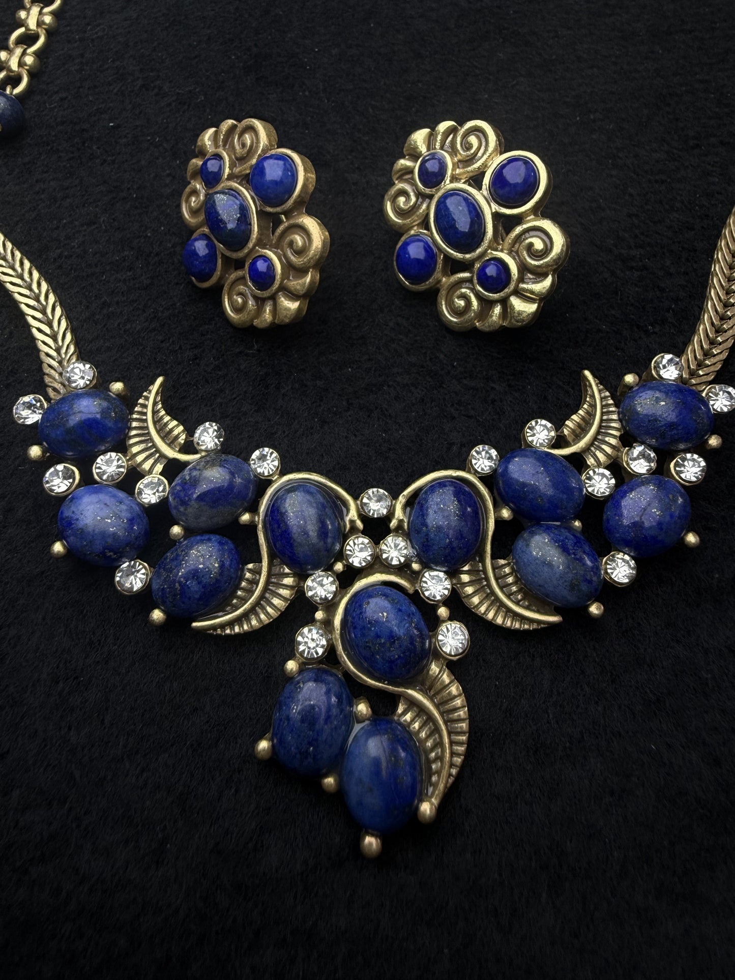Vintage 18K Gold Plated Copper Lapis Lazuli Floral Earrings & Necklace Set
