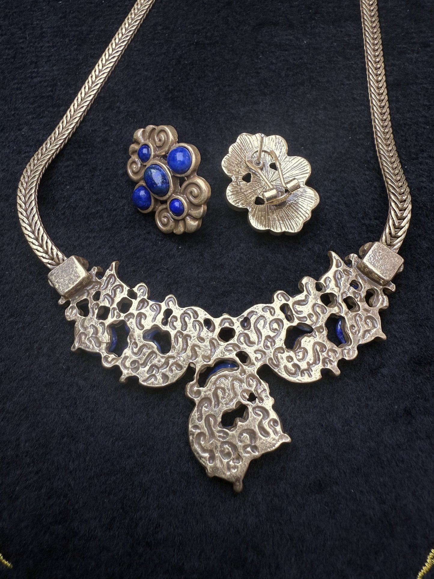 Vintage 18K Gold Plated Copper Lapis Lazuli Floral Earrings & Necklace Set