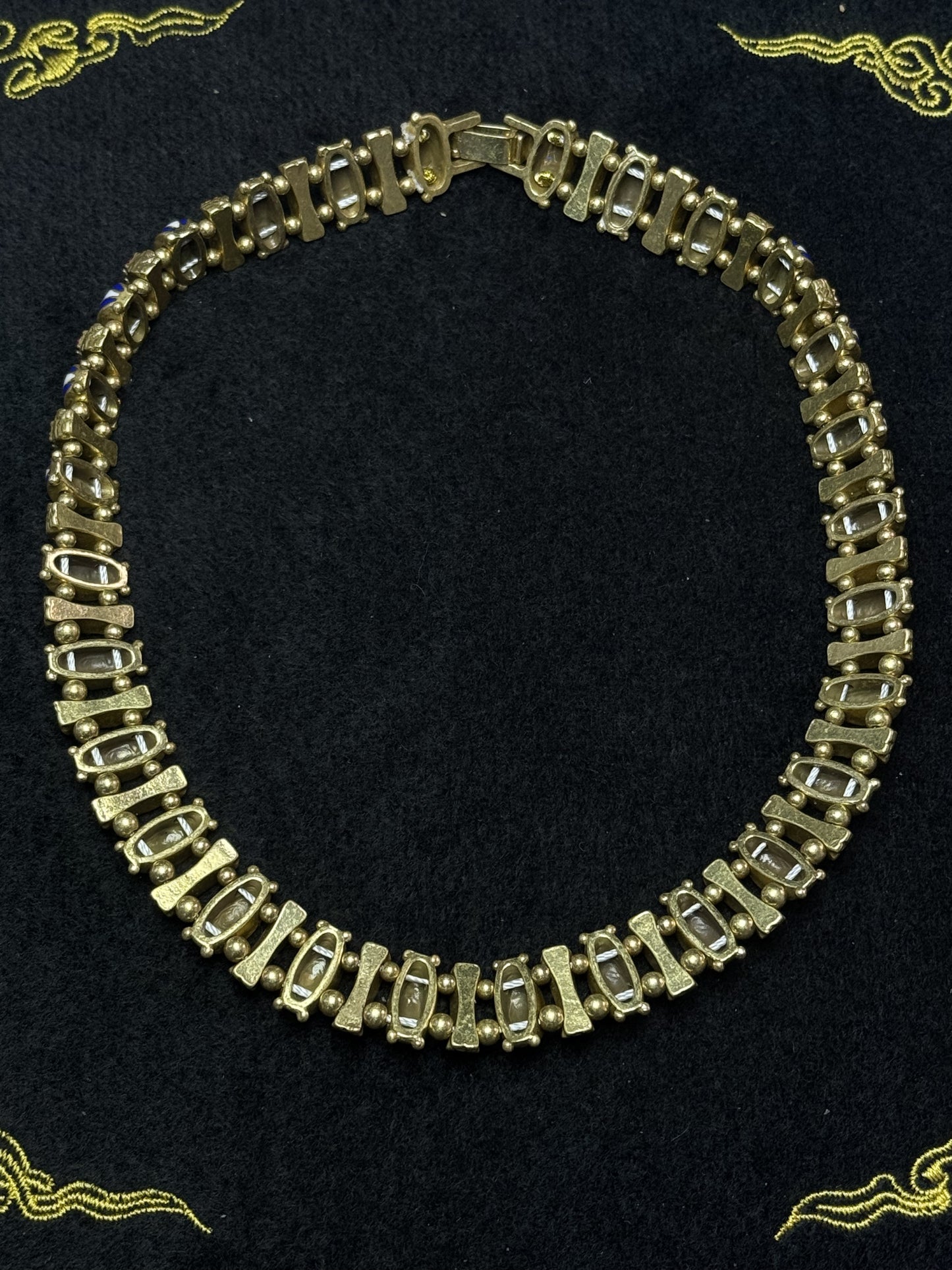 Vintage Heavy Craft Brass 18K Gold-Plated Necklace with Blue & White Enamel and Red Rhinestones