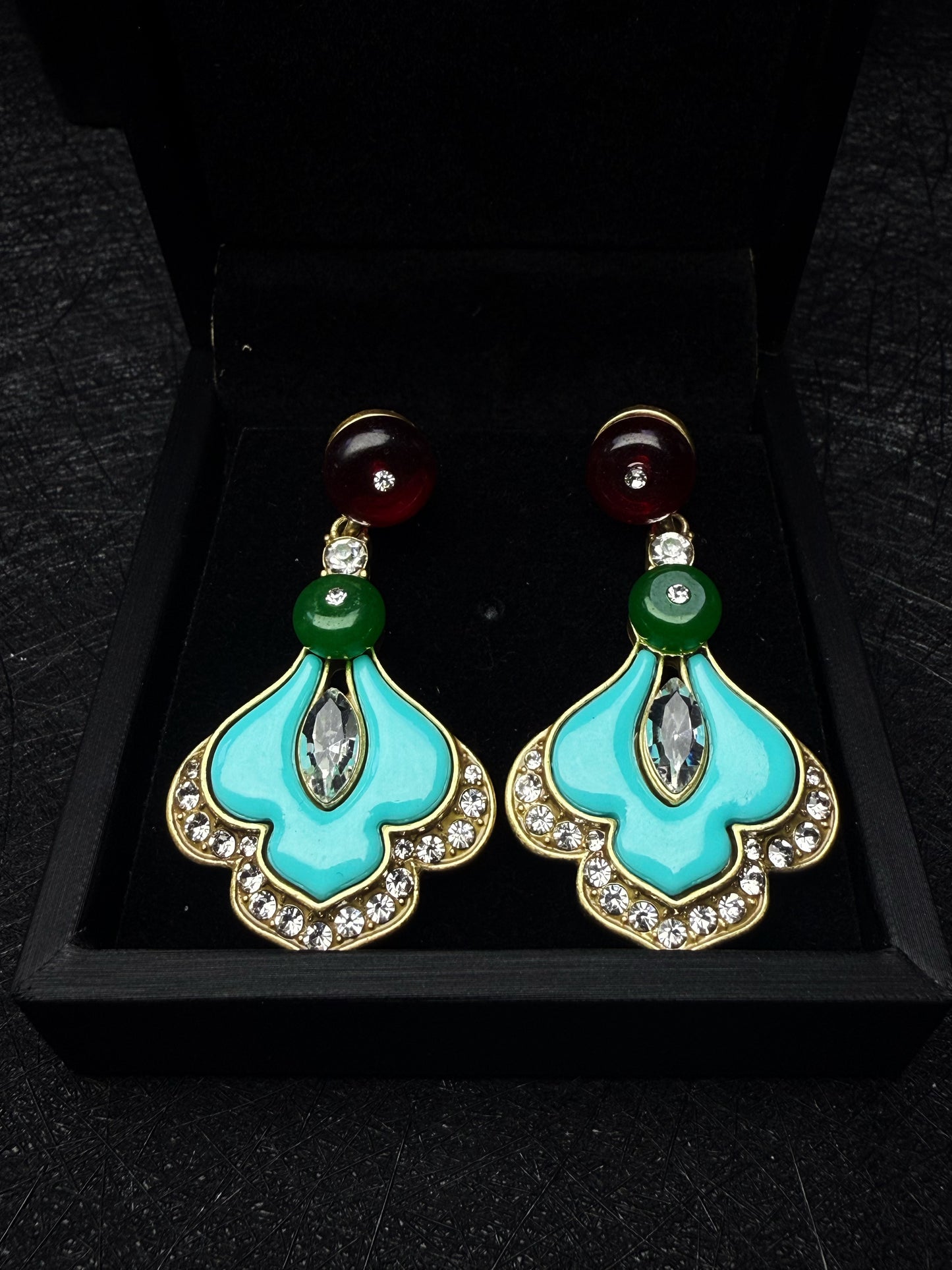 Vintage Heavy Craft 18K Gold-Plated Brass Earrings and Necklace Set with Red and Green Glazed Glass and Blue Enamel Skirt Design