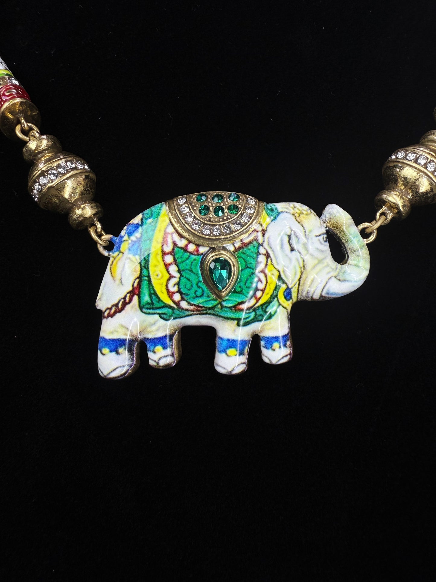Vintage Layered Green Crystal Enamel Elephant Necklace