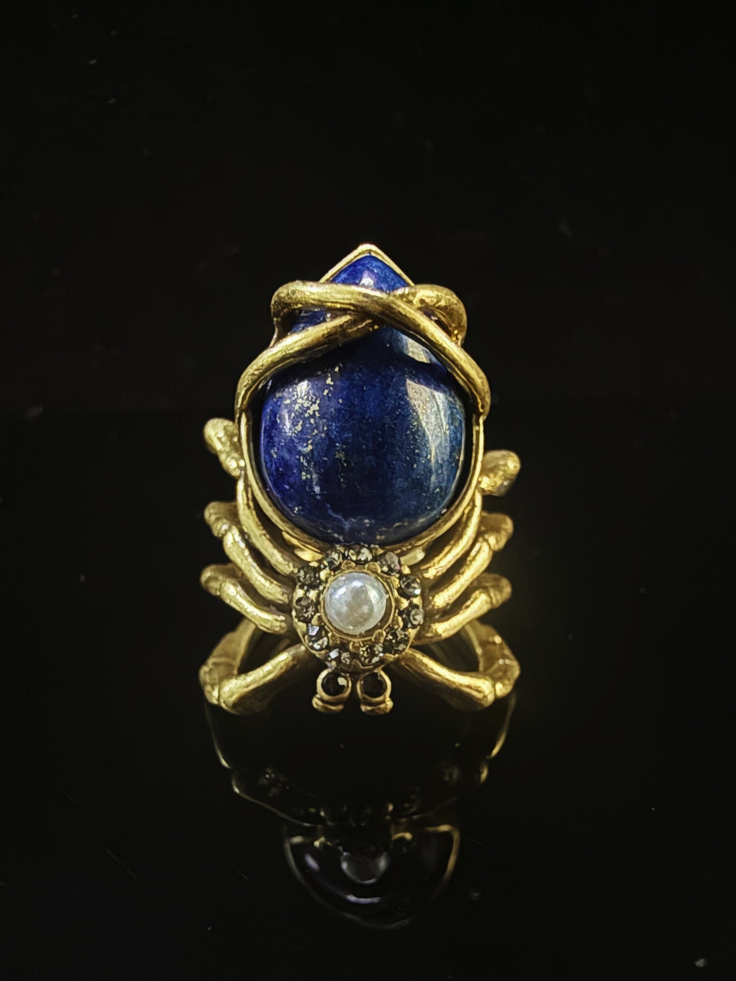 Vintage Baroque Heavy-Craft 19K Gold-Plated Brass Lapis Lazuli Open Ring