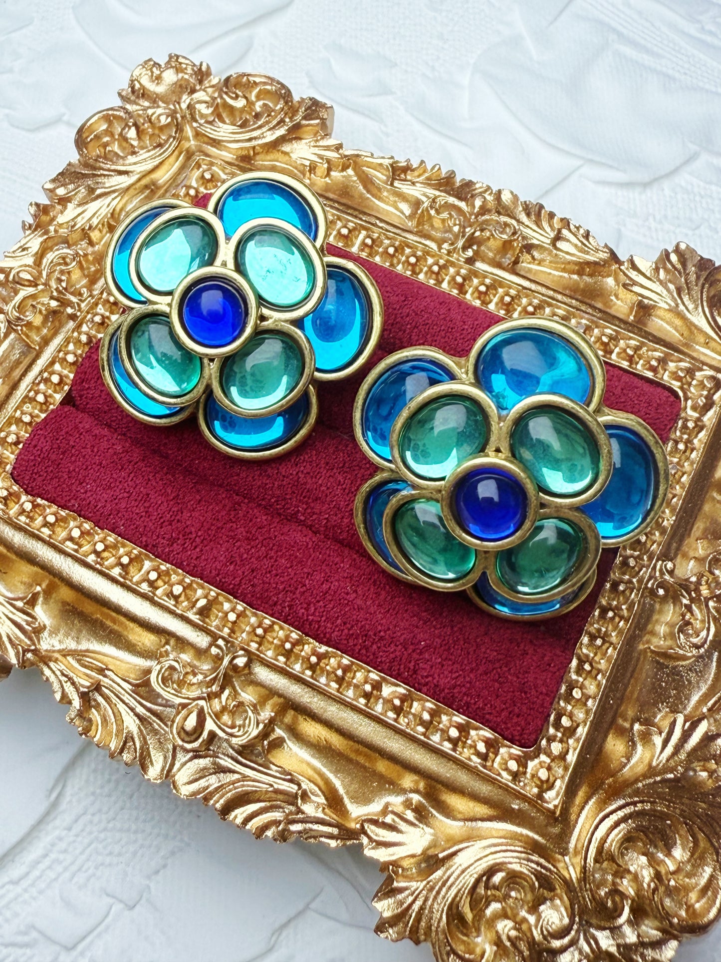 Vintage Heavy Craft Gold-Plated Multi-Layer Chain Blue-Green Glazed Camellia Earrings & Necklace Set