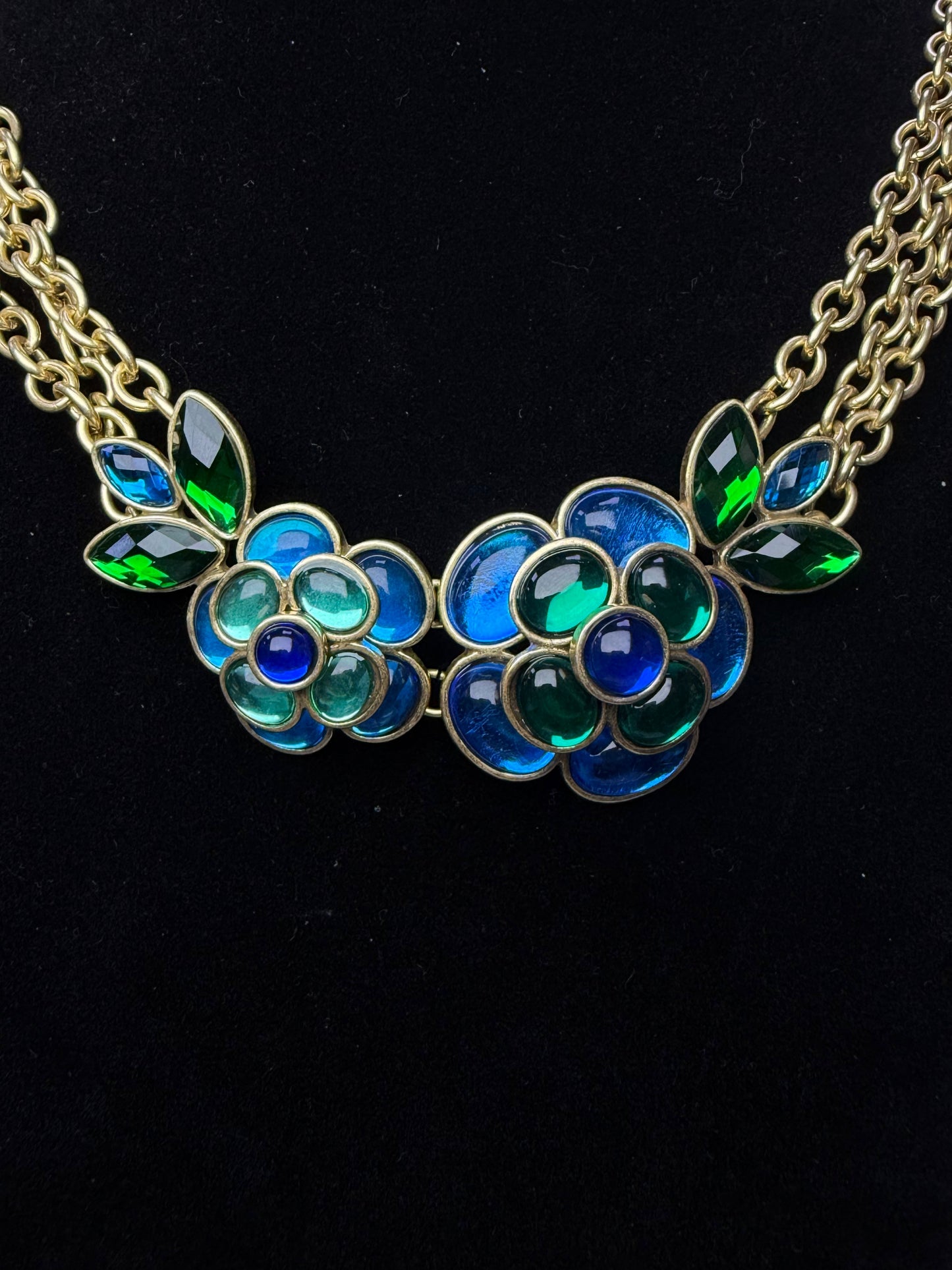 Vintage Heavy Craft Gold-Plated Multi-Layer Chain Blue-Green Glazed Camellia Earrings & Necklace Set