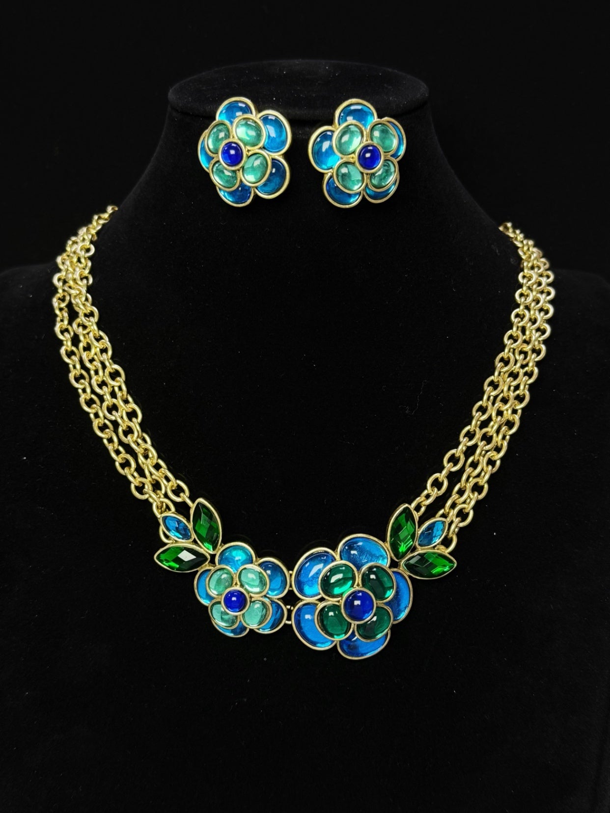 Vintage Heavy Craft Gold-Plated Multi-Layer Chain Blue-Green Glazed Camellia Earrings & Necklace Set
