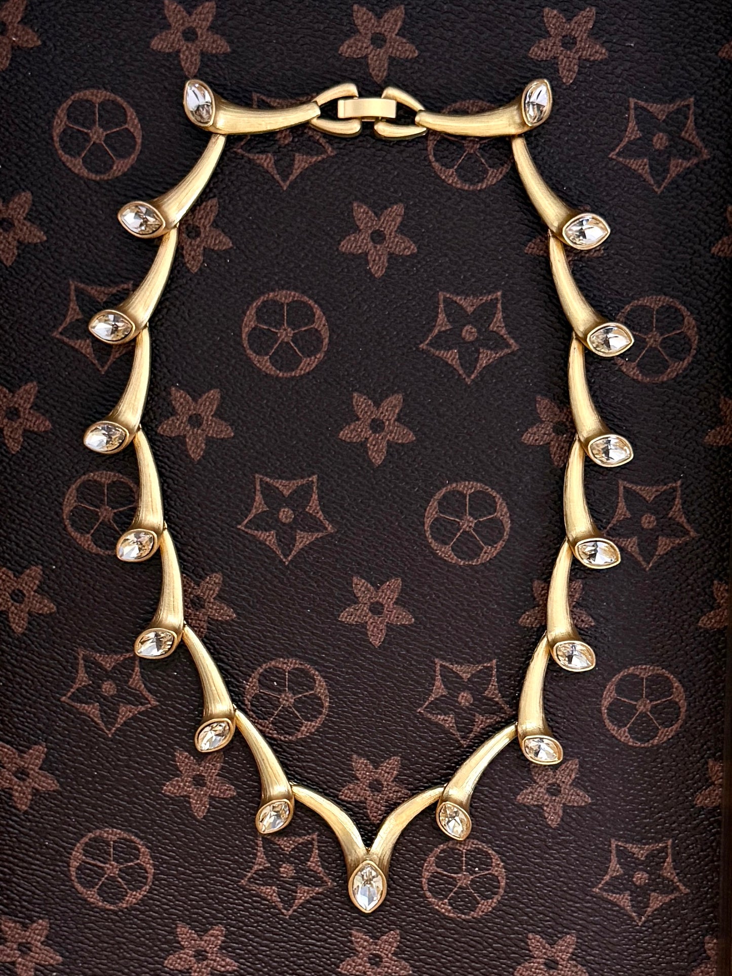 Vintage Gold-Plated Brass Calla Lily Necklace with Rhinestone Details