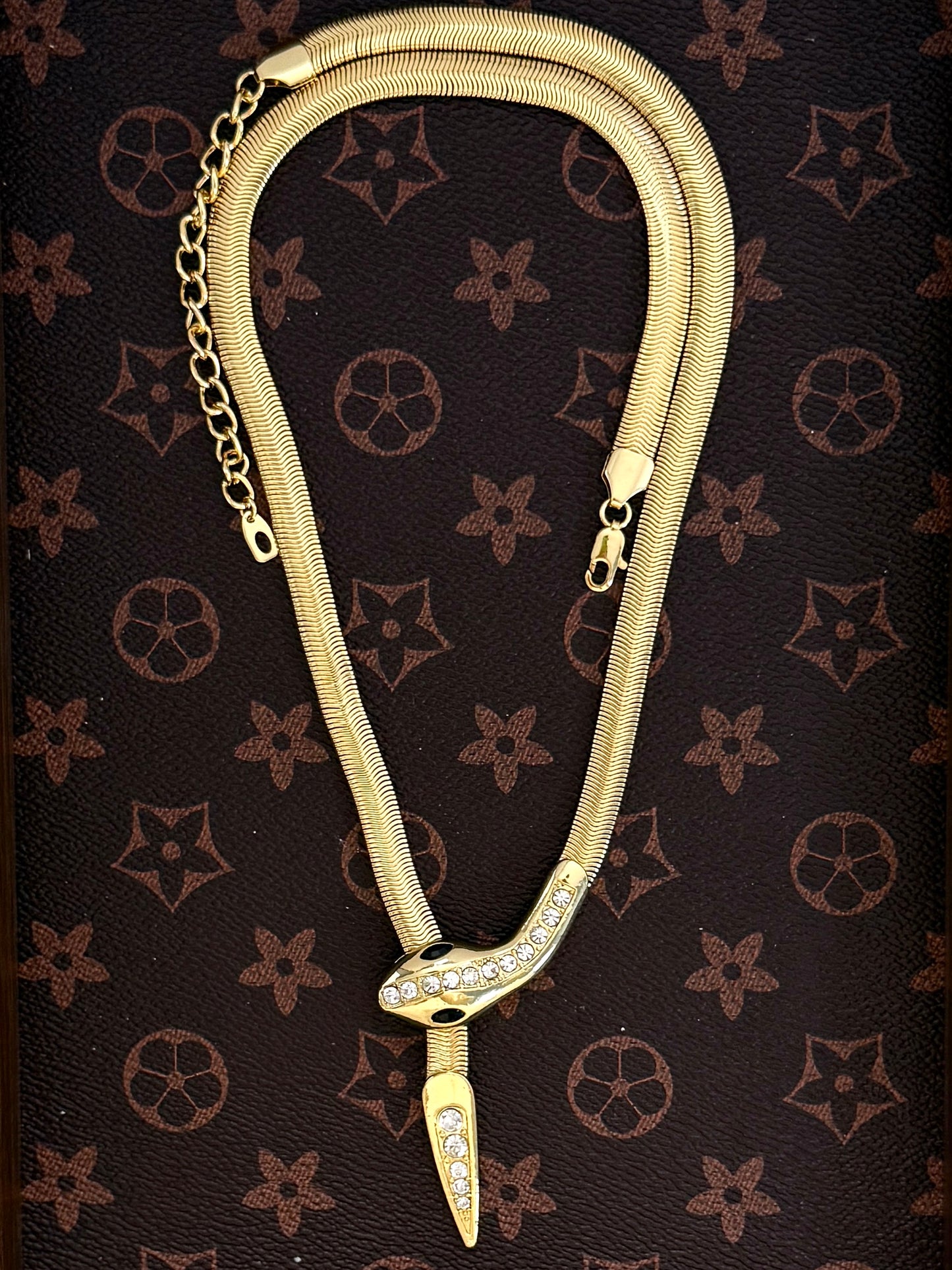 Vintage Brass Gold-Plated Adjustable Snake Necklace with Rhinestone Accents