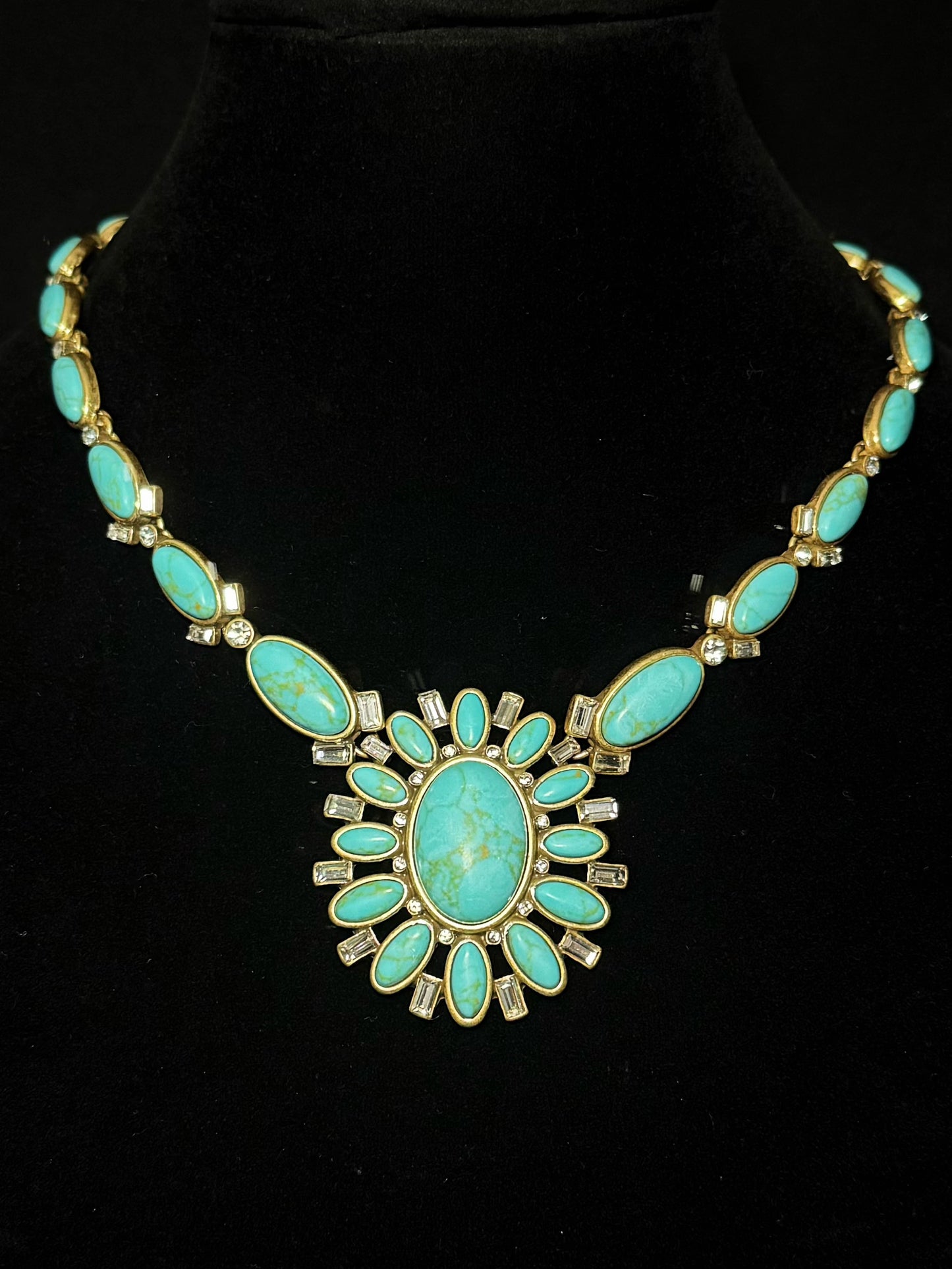 Vintage Bronze Sunflower Pendant Necklace with Turquoise Inlay - Boho Statement Jewelry - Antique Gold Plated Hippie Chic Necklace