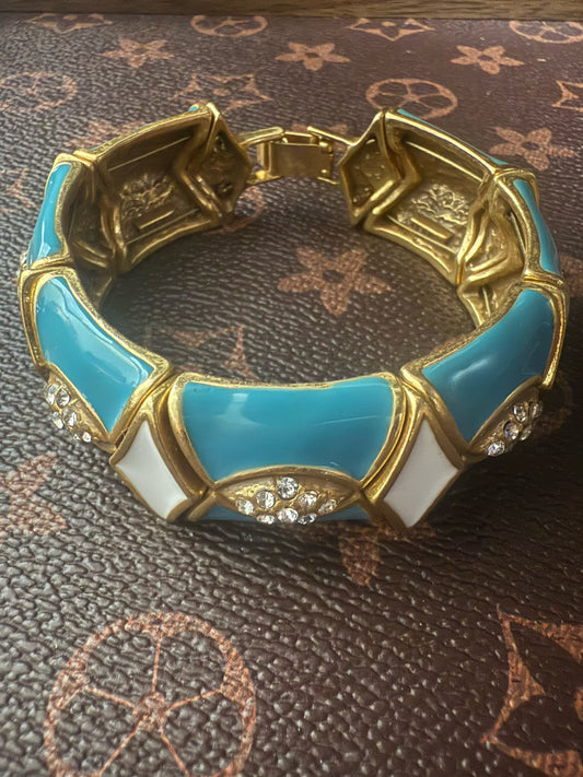Antique Heavy Brass Cuff Bracelet - Royal Blue Enamel Baroque Jewelry, Gothic Statement Bangle, Matching Choker & Earrings Set Available