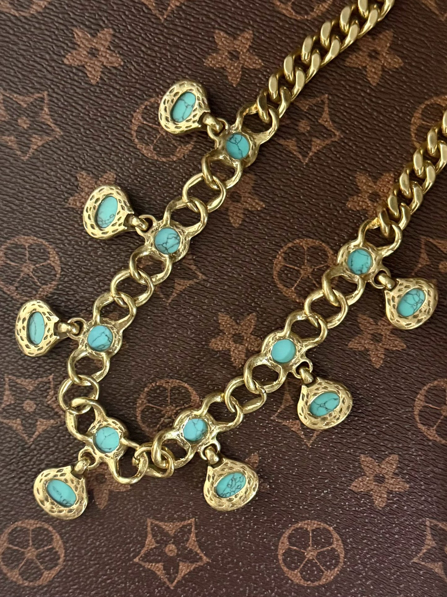 Vintage Gold-Plated Twist Chain Necklace with Genuine Turquoise – Boho Chic Statement Jewelry for Women