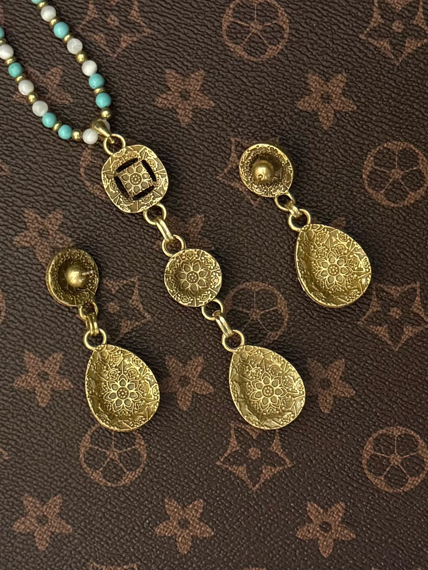Vintage 18K Gold-Plated Copper Blue Teardrop Natural Stone Pendant Necklace & Earrings Set