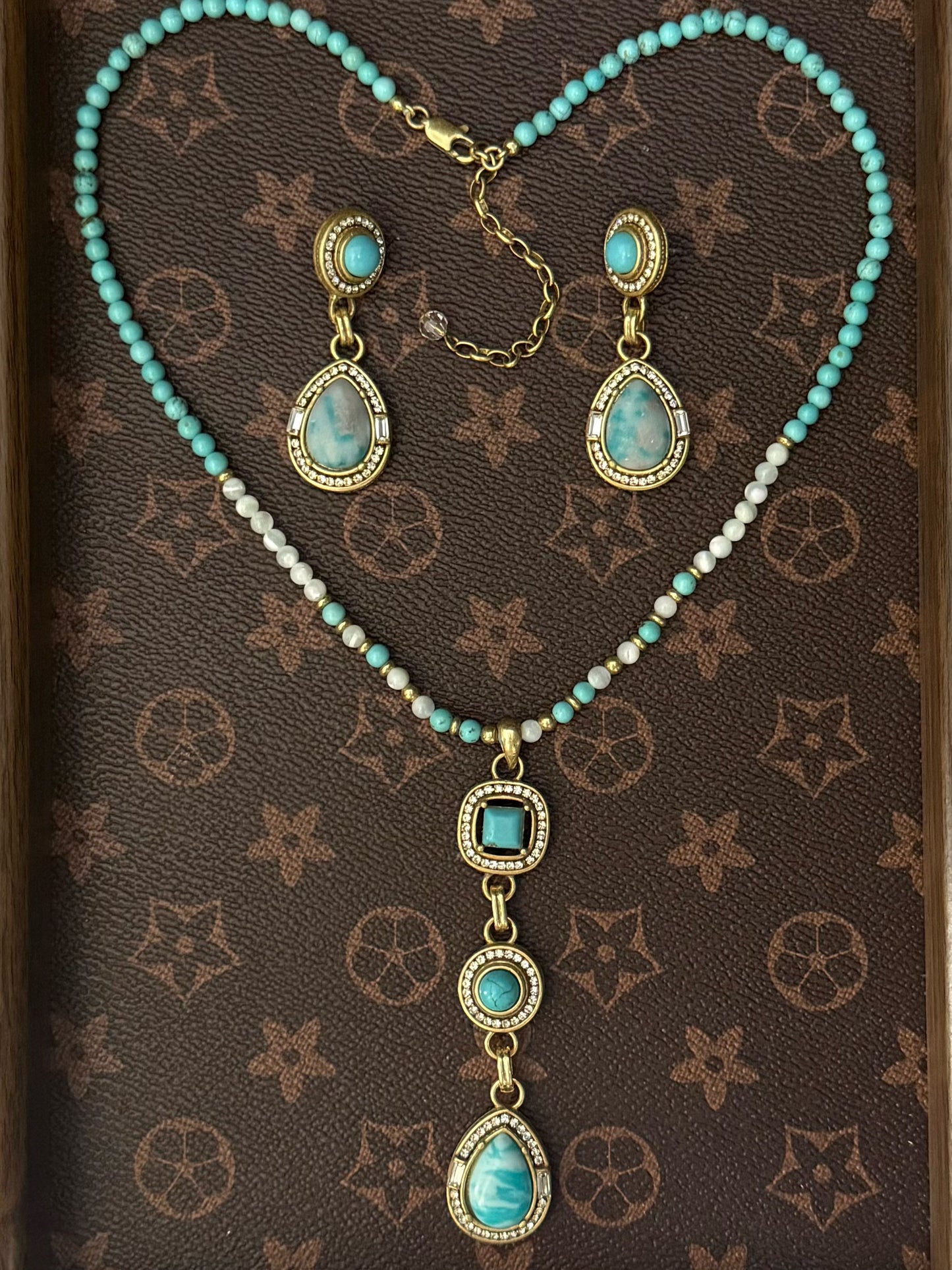 Vintage 18K Gold-Plated Copper Blue Teardrop Natural Stone Pendant Necklace & Earrings Set