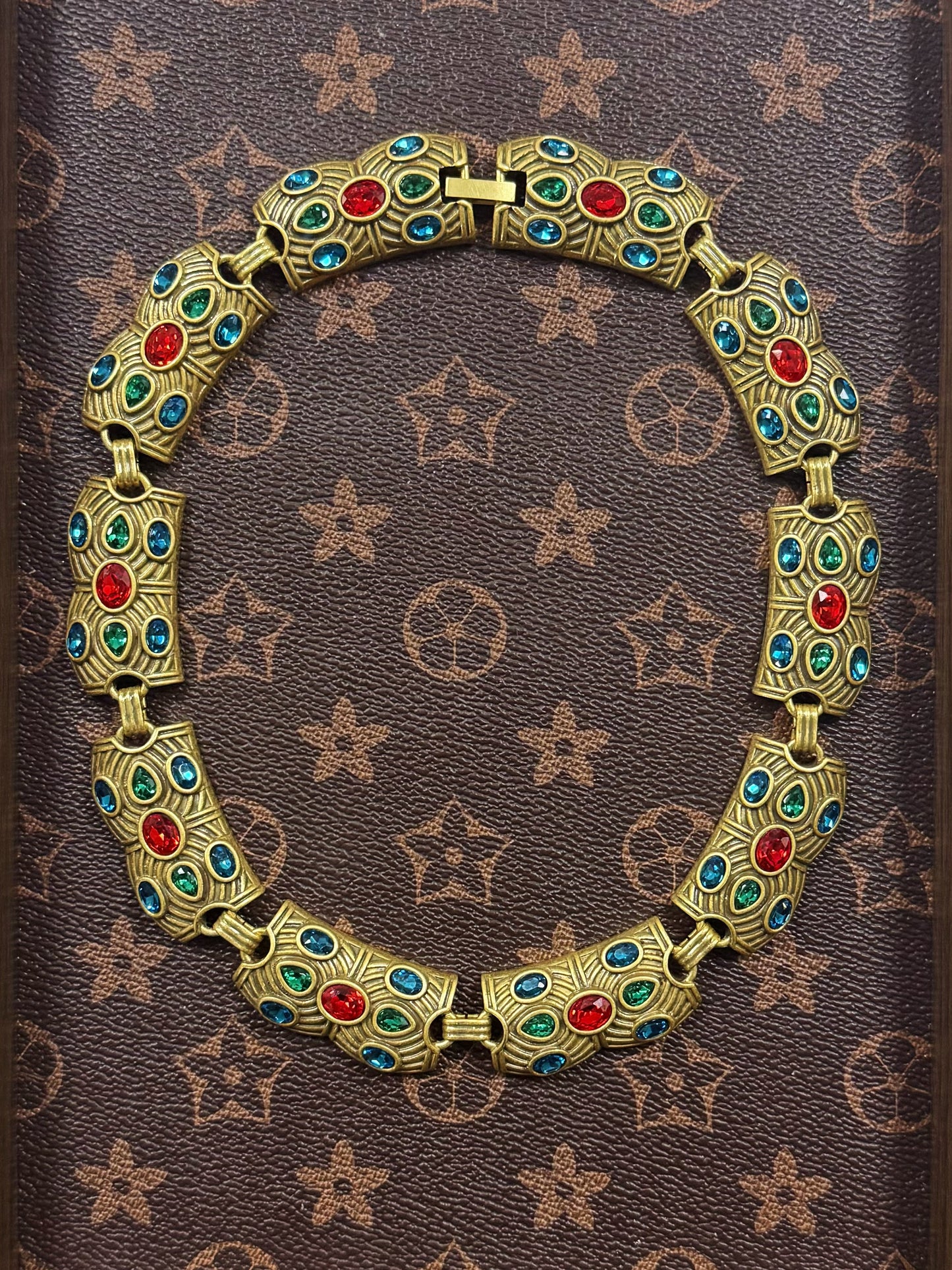 Vintage Lux Gold-Plated Copper Choker with Red and Blue Rhinestones