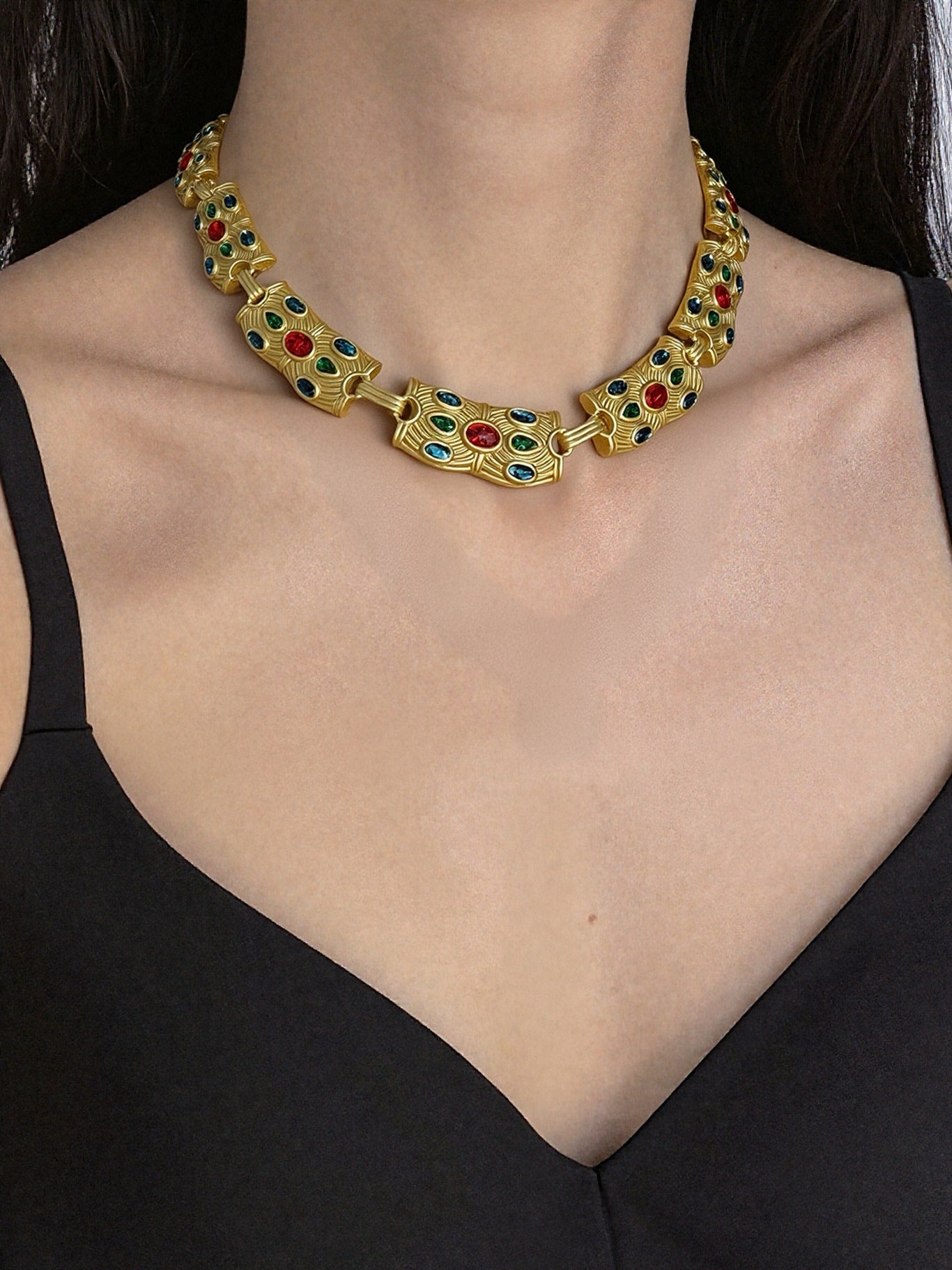 Vintage Lux Gold-Plated Copper Choker with Red and Blue Rhinestones