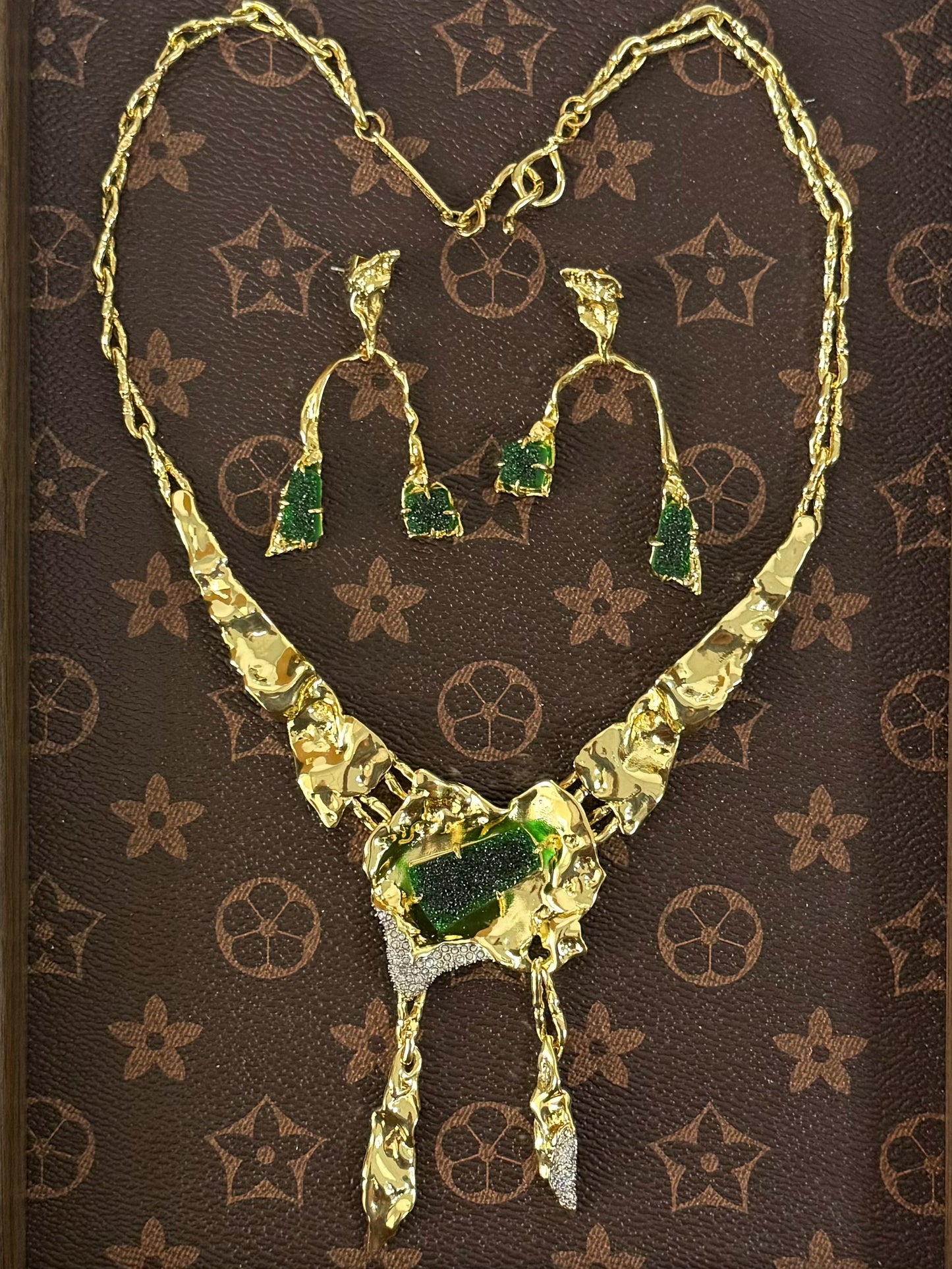 Vintage Avant-Garde Designer Irregular Gold-Plated Copper Earrings & Necklace Set