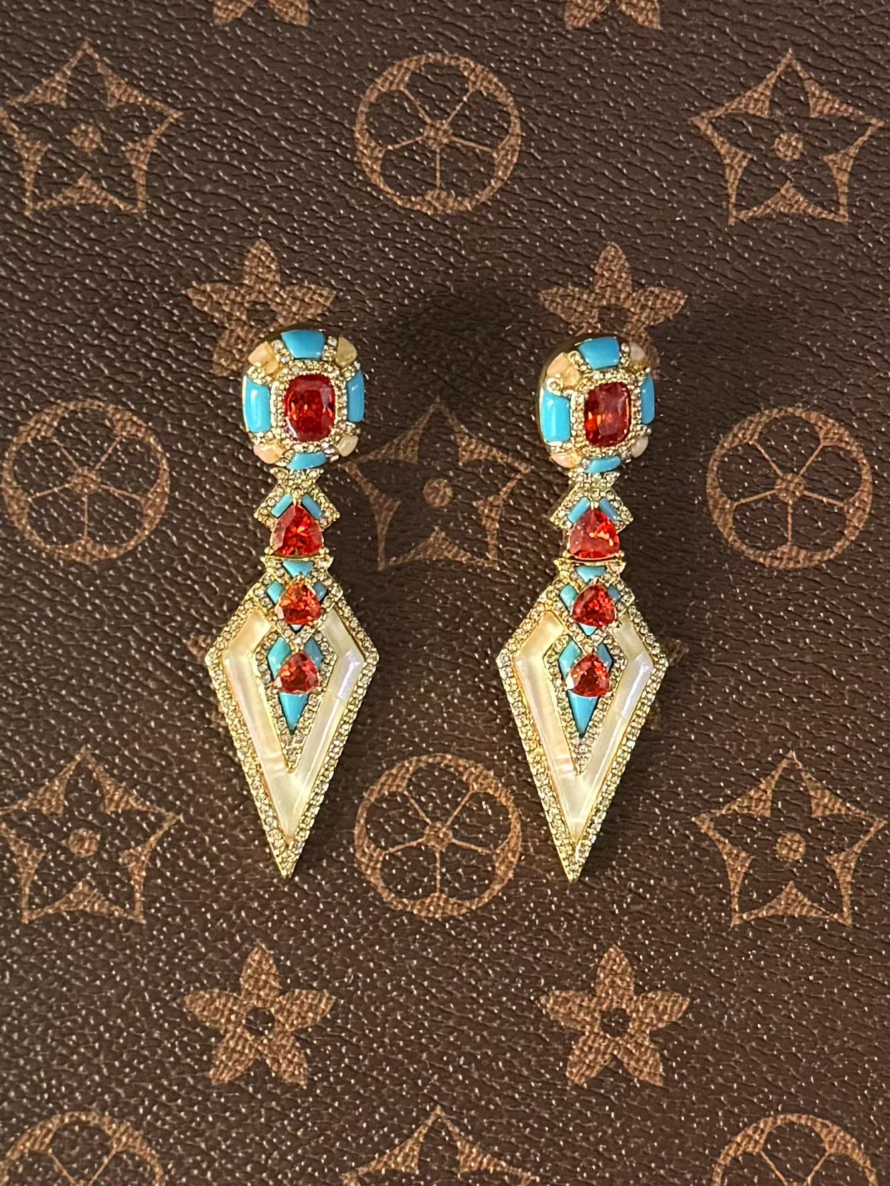 Vintage Niche Luxury Gold-Plated Copper Blue Enamel & Ruby Red Rhombus Necklace & Earrings Set