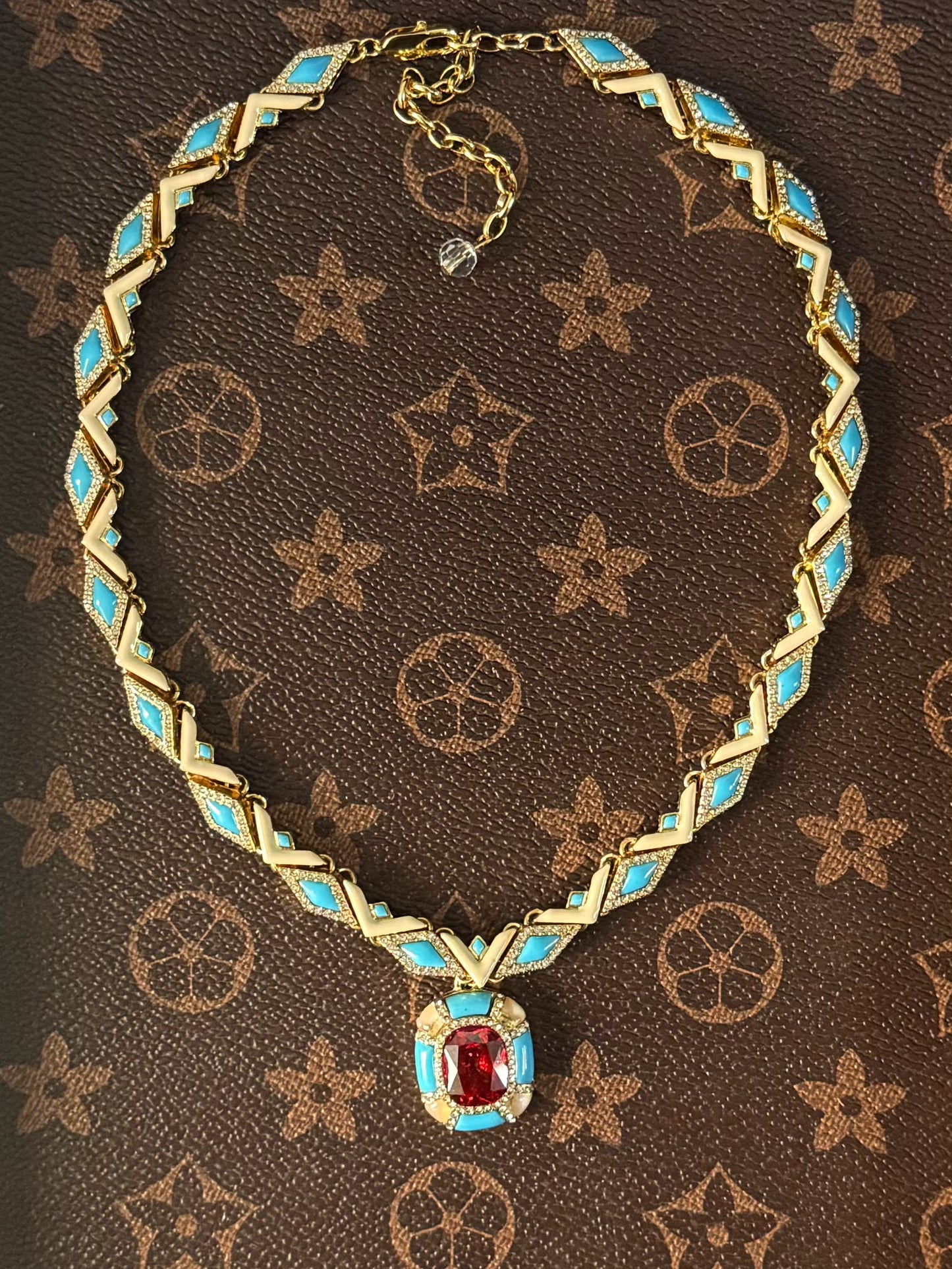 Vintage Niche Luxury Gold-Plated Copper Blue Enamel & Ruby Red Rhombus Necklace & Earrings Set