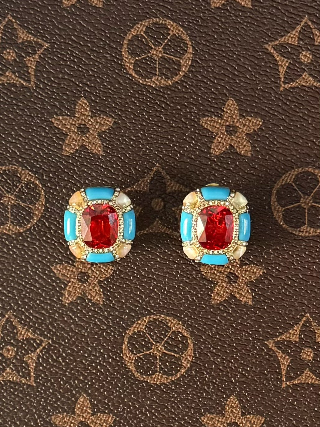 Vintage Glam Square-Cut Ruby Red Pendant Necklace & Earrings Set in Heavy Gold-Plated Finish