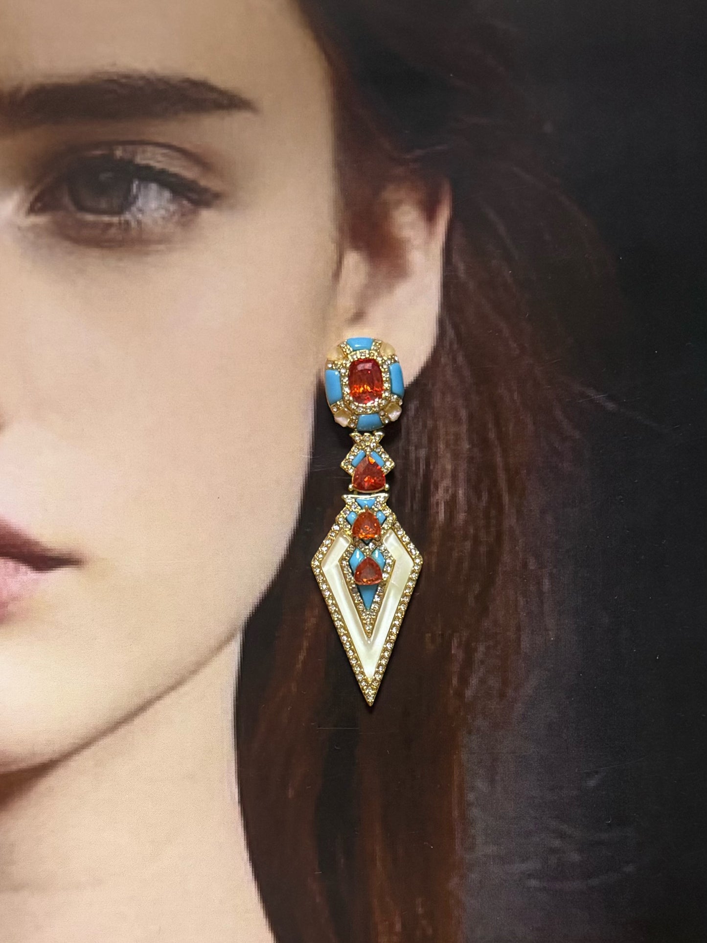 Vintage Niche Luxury Gold-Plated Copper Blue Enamel & Ruby Red Rhombus Necklace & Earrings Set