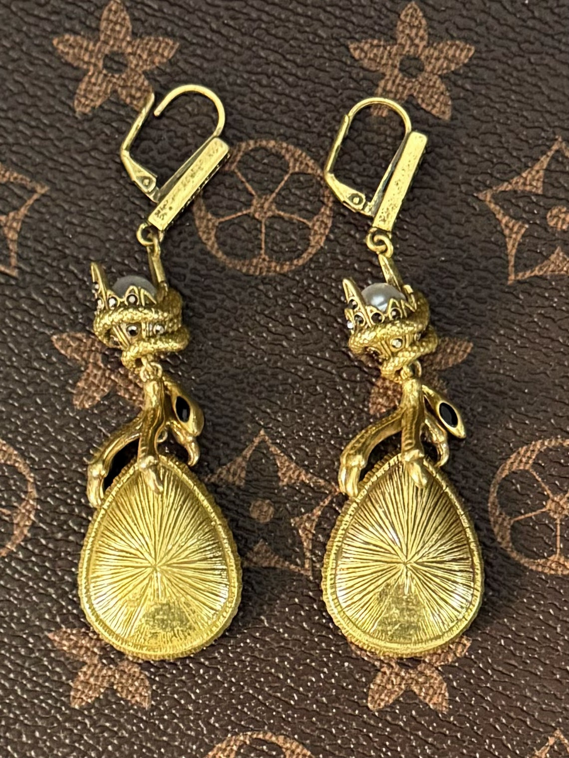 Vintage Heavywork French Gold-Plated Copper Snake & Claw Black Teardrop Pendant Earrings