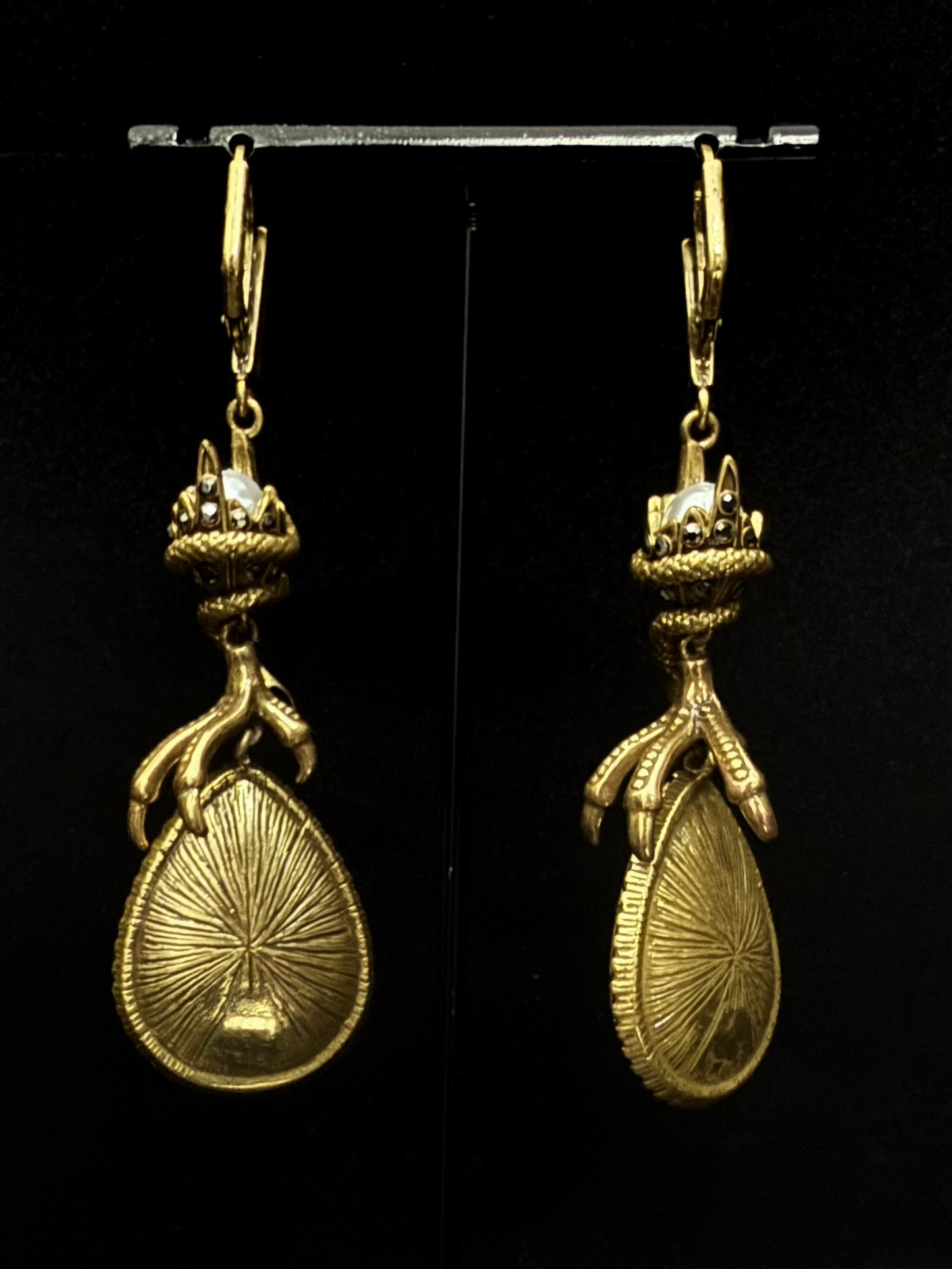 Vintage Heavywork French Gold-Plated Copper Snake & Claw Black Teardrop Pendant Earrings