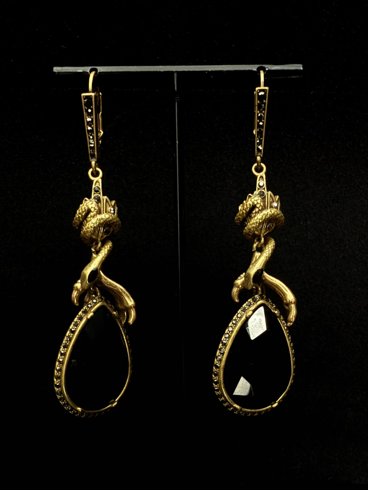 Vintage Heavywork French Gold-Plated Copper Snake & Claw Black Teardrop Pendant Earrings