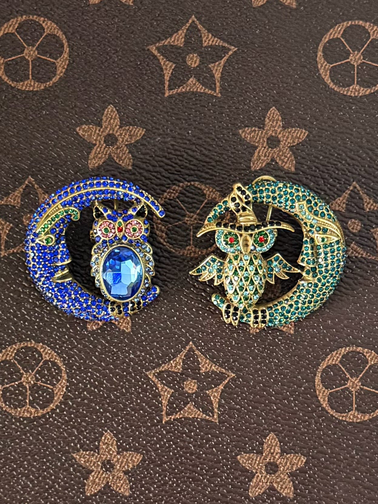 Vintage Mismatched Owl & Moon Clip-On Earrings – Gold-Plated Copper with Blue & Green Rhinestones (AB Design)