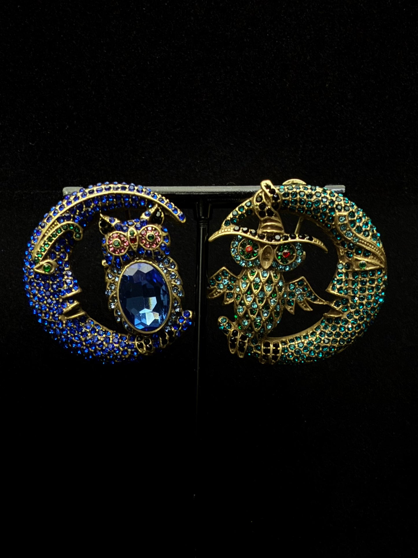Vintage Mismatched Owl & Moon Clip-On Earrings – Gold-Plated Copper with Blue & Green Rhinestones (AB Design)