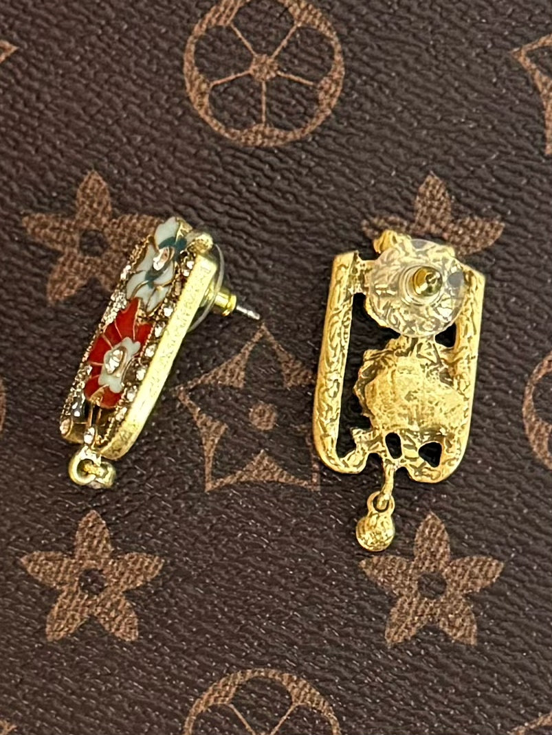 Handmade Vintage Enamel Flower Earrings - Antique Gold Plated Copper with Full CZ Stone Pavé | Boho Elegant Statement Bridal Jewelry