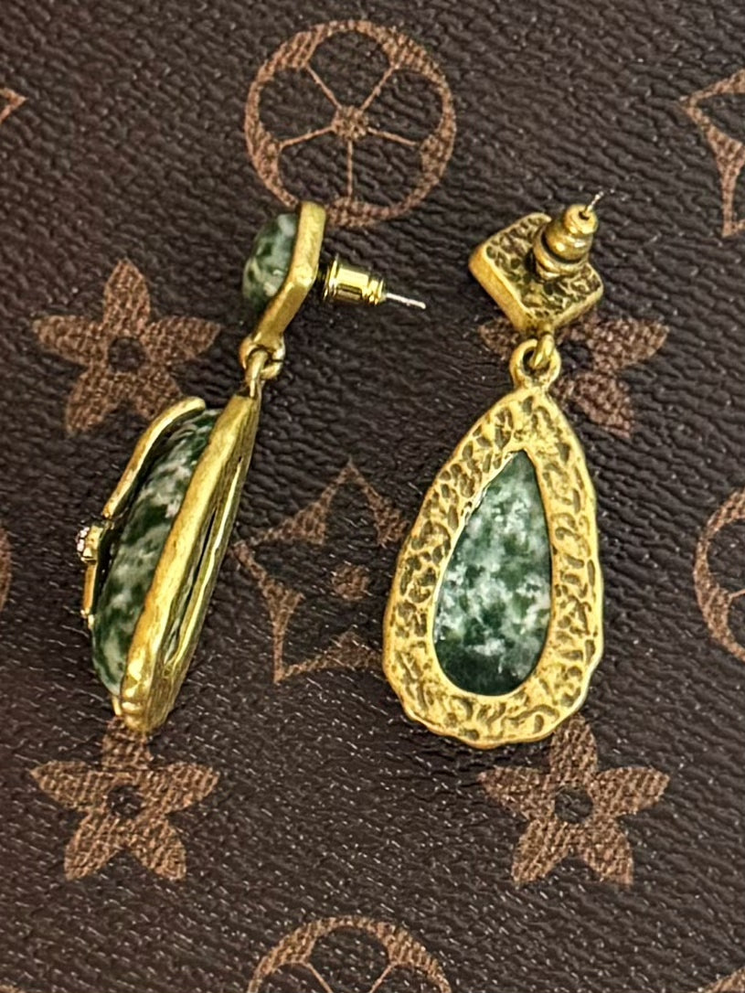 Handmade Antique Gold Plated Copper Earrings with Natural Celadon Jade Teardrop Stones - Boho Vintage Statement Drop Earrings for Women