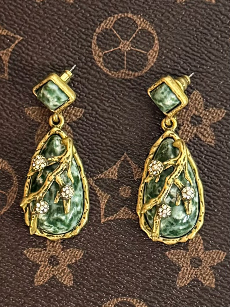 Handmade Antique Gold Plated Copper Earrings with Natural Celadon Jade Teardrop Stones - Boho Vintage Statement Drop Earrings for Women