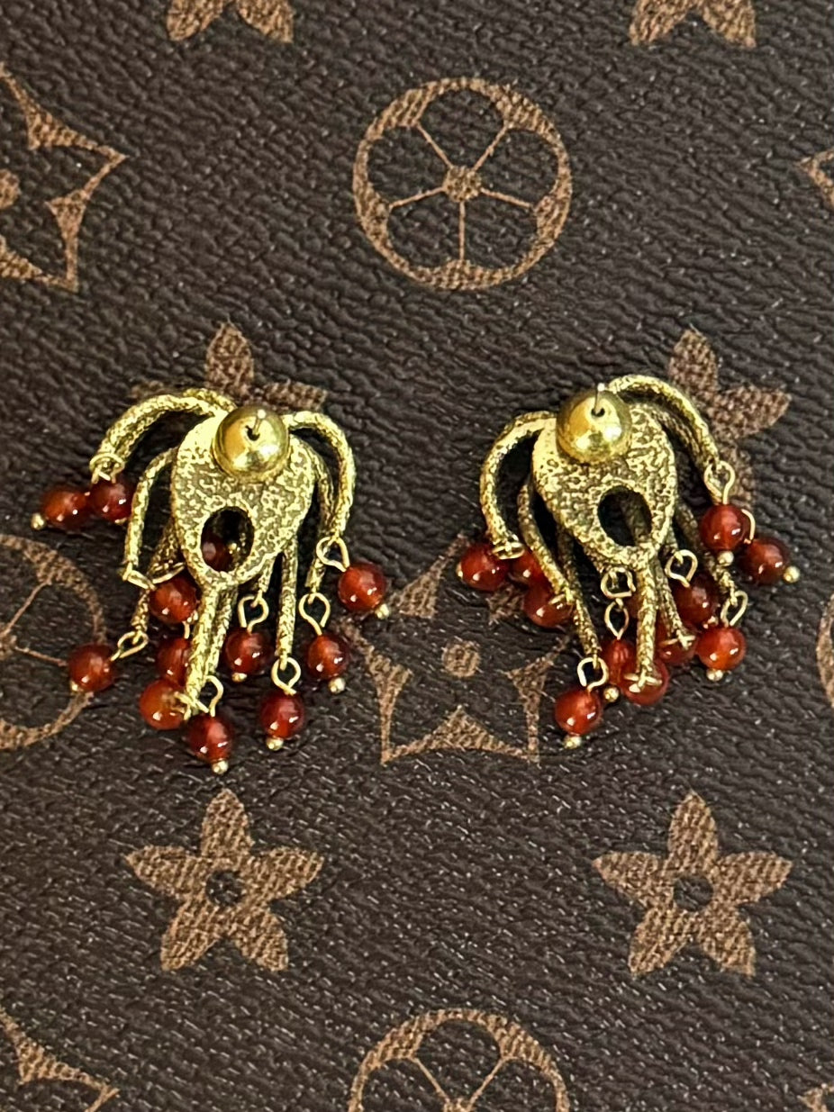 Handmade Vintage Firework Copper Gold Plated Earrings with Natural Red Stone Beads - Artisan Statement Boho Luxury Earrings