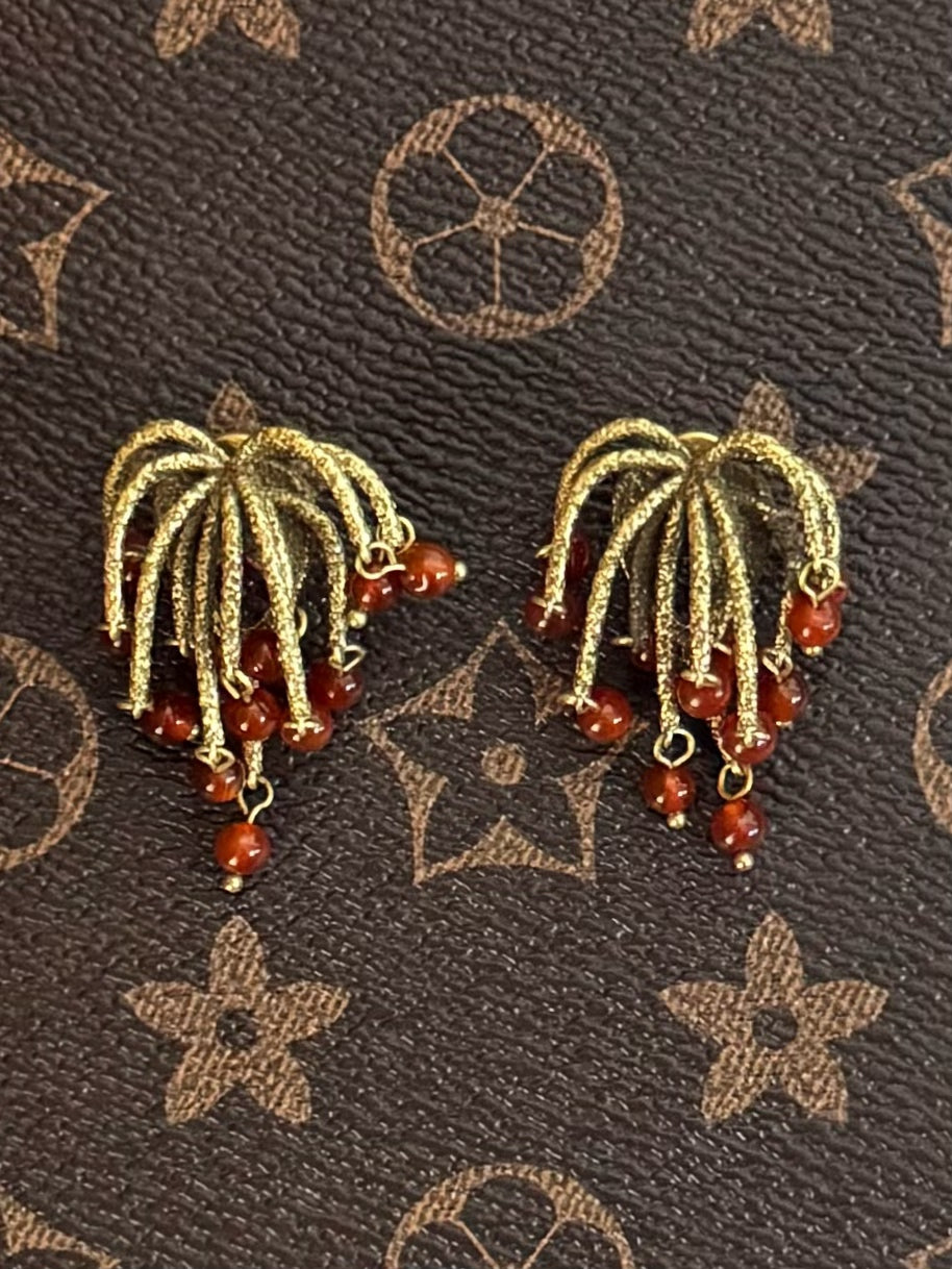 Handmade Vintage Firework Copper Gold Plated Earrings with Natural Red Stone Beads - Artisan Statement Boho Luxury Earrings