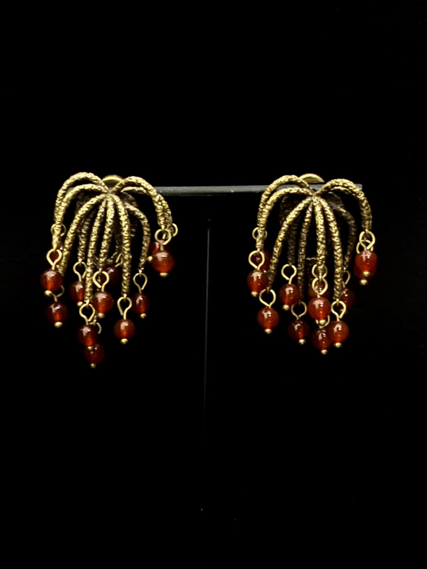 Handmade Vintage Firework Copper Gold Plated Earrings with Natural Red Stone Beads - Artisan Statement Boho Luxury Earrings