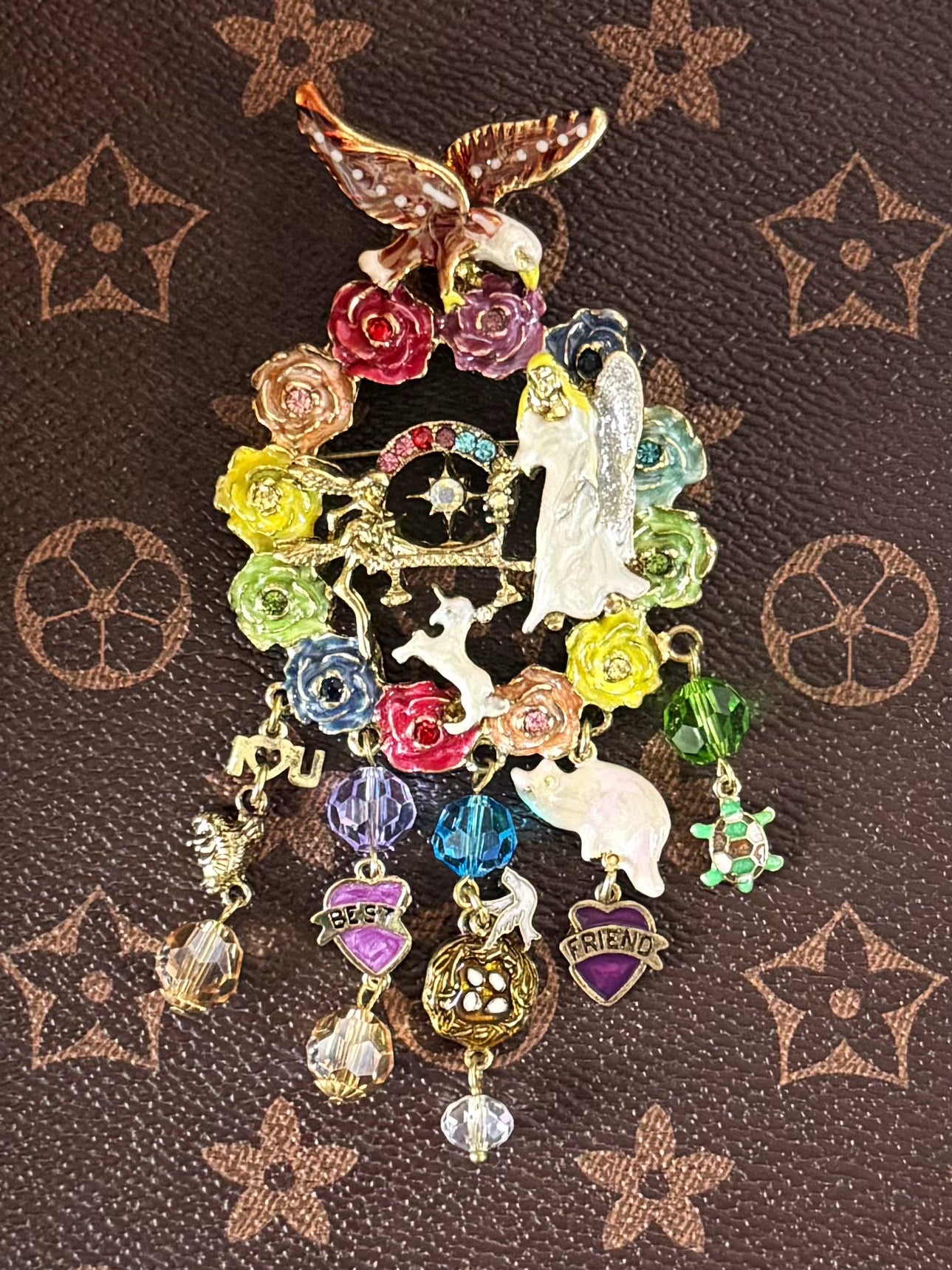 Vintage Alice in Wonderland Enamel Brooch – Angel, Bird & Floral Tassel Design with Pendant Hook (12cm)