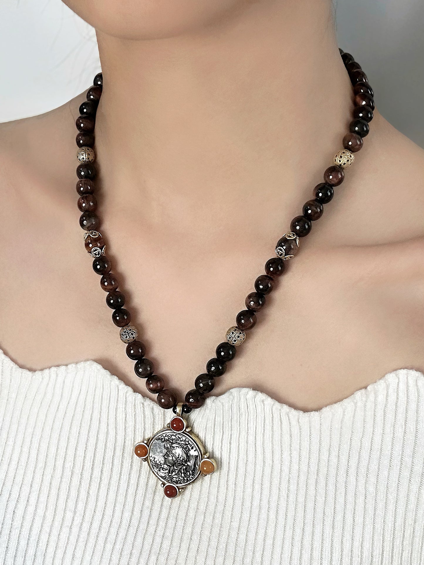 Vintage Tiger Eye Beaded Necklace with Brass Embossed Coin Pendant – Heavywork Indie Luxury Design