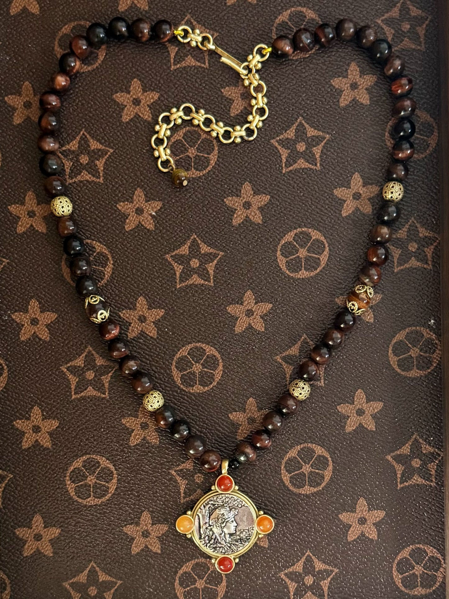 Vintage Tiger Eye Beaded Necklace with Brass Embossed Coin Pendant – Heavywork Indie Luxury Design