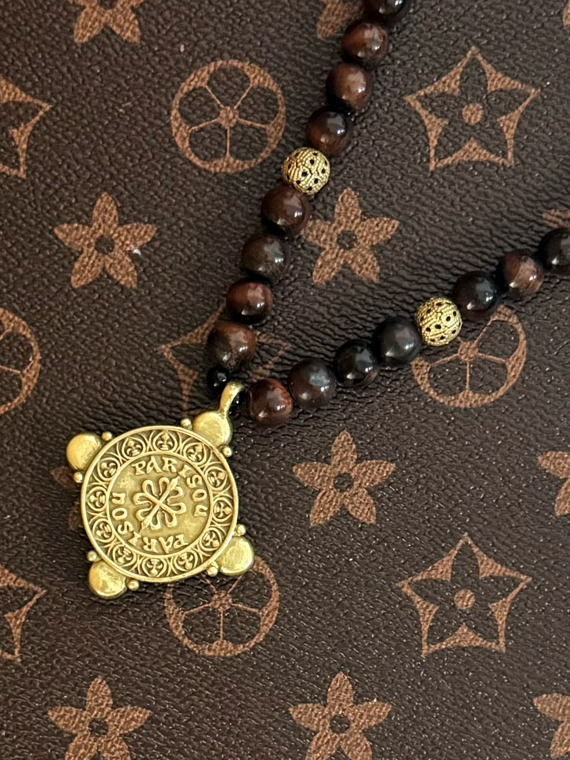 Vintage Tiger Eye Beaded Necklace with Brass Embossed Coin Pendant – Heavywork Indie Luxury Design