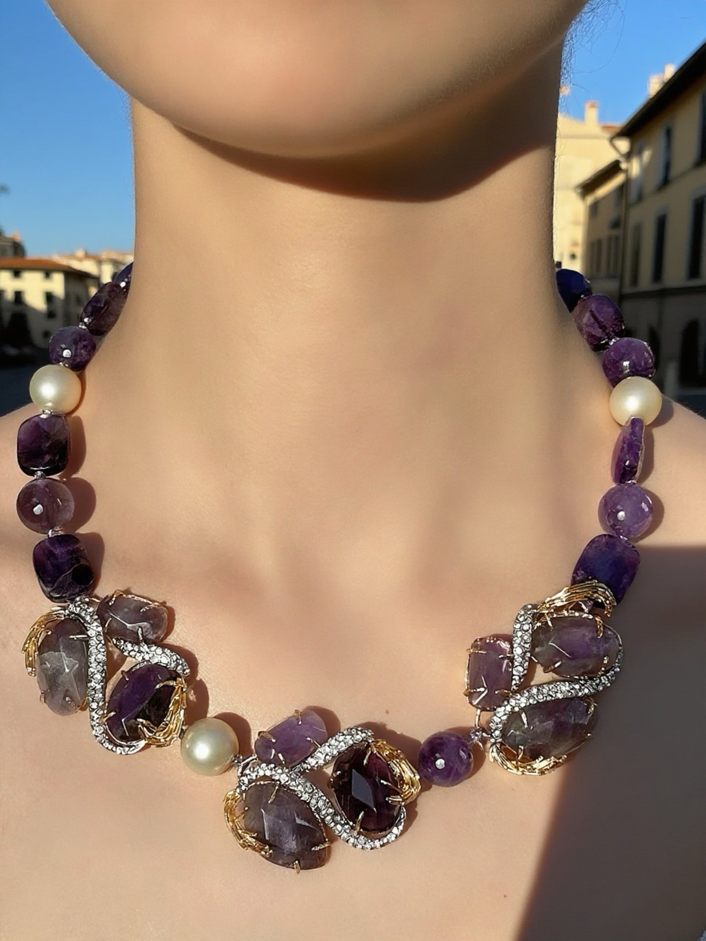 Vintage Inspired Designer Statement Necklace with Gold Plating & Full-set Amethyst Crystals