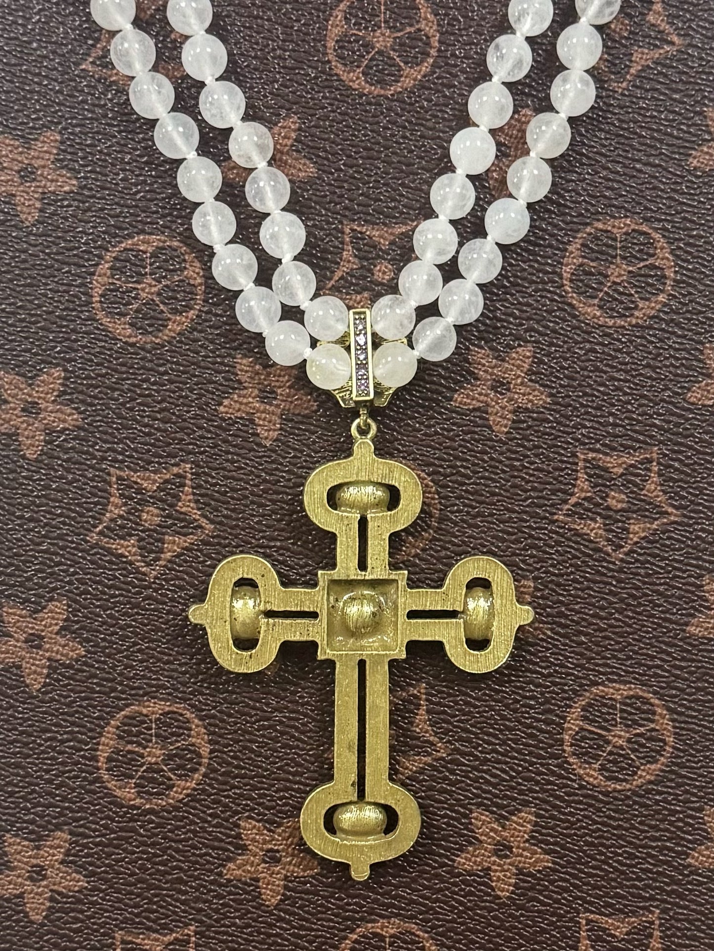 Layered White Crystal Beaded Necklace with Gold-Plated Rhinestone Cross Pendant