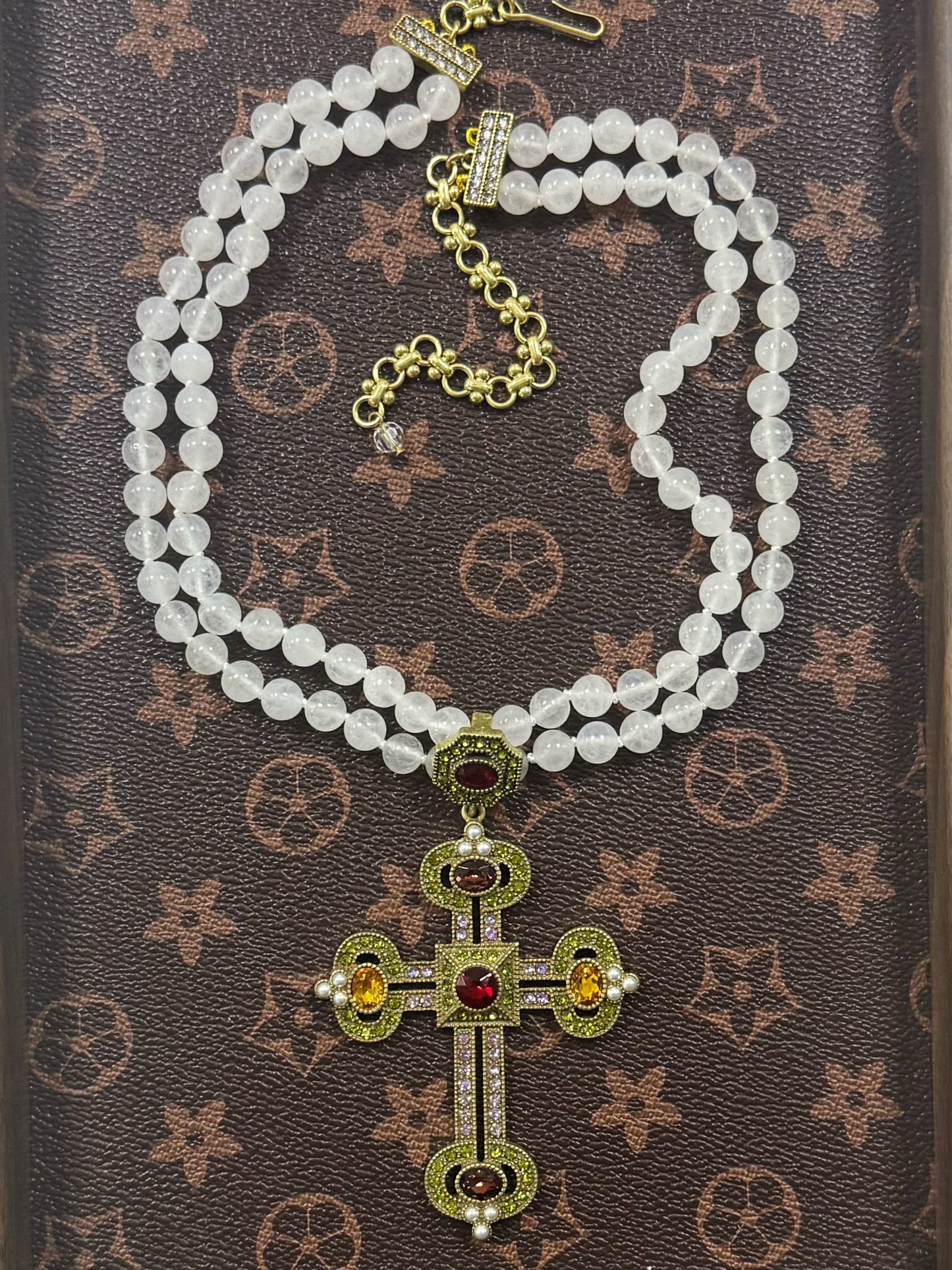 Layered White Crystal Beaded Necklace with Gold-Plated Rhinestone Cross Pendant