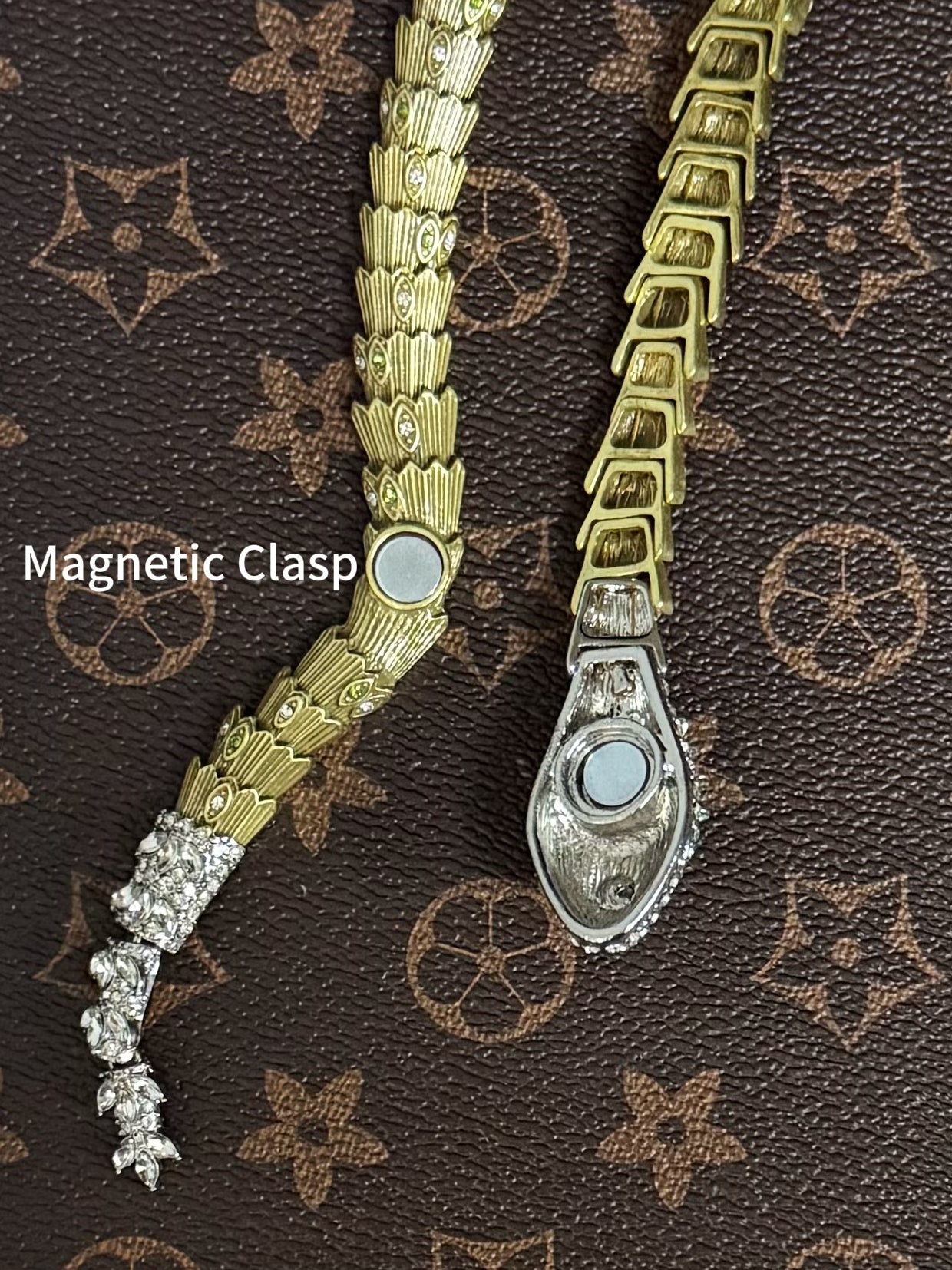 Vintage Statement Heavy Brass Snake Necklace with Full Zircon Inlay & Magnetic Clasp